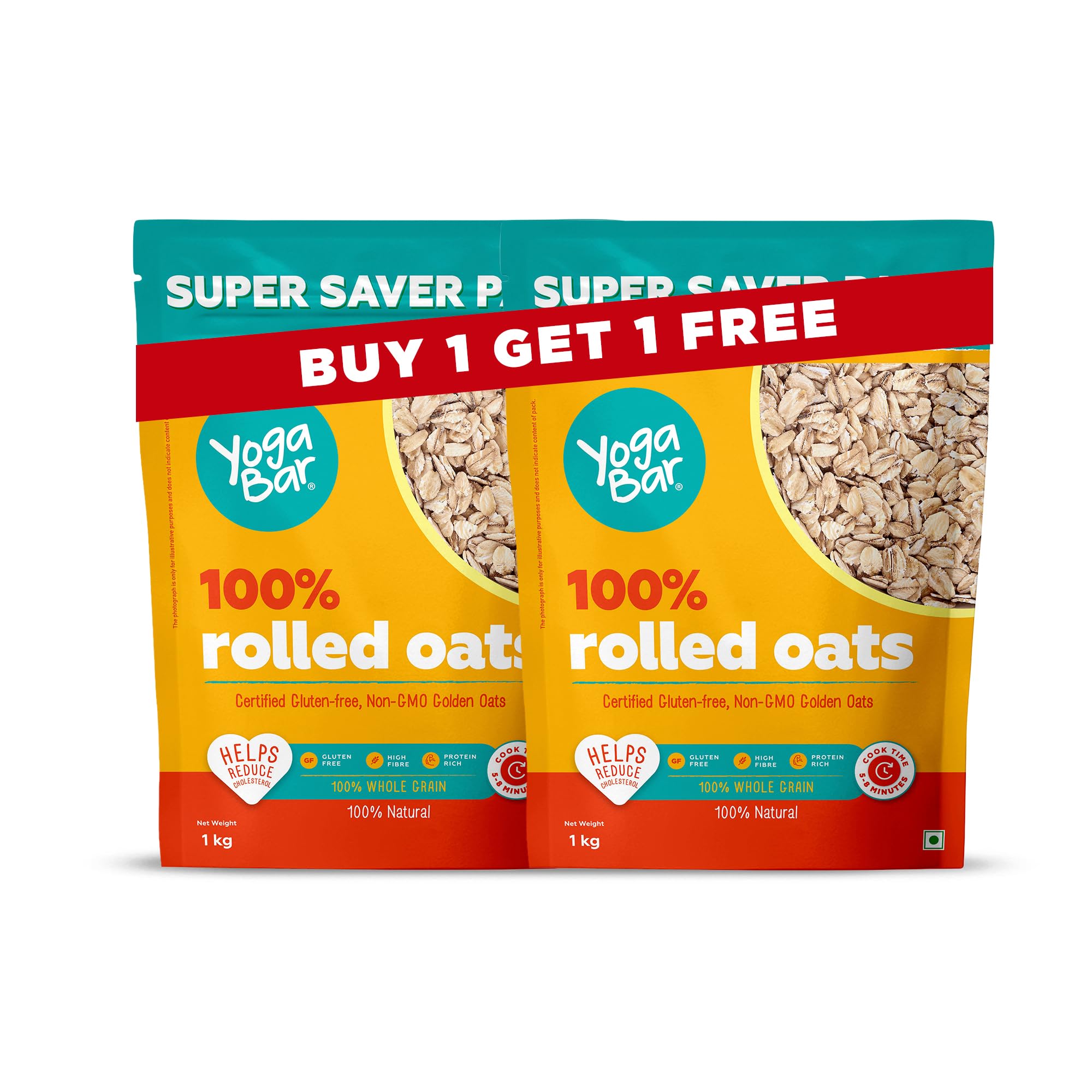 Yogabar 100% Rolled Oats 2 kg (1 Kg Pack of 2 Pouch)
