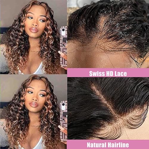 Miniatura 10 de Peluca de cabello humano con encaje frontal ombré, prearrancado 427 marrón miel rubio ondulado, encaje frontal de 13 x 4 pulgadas, densidad del 150