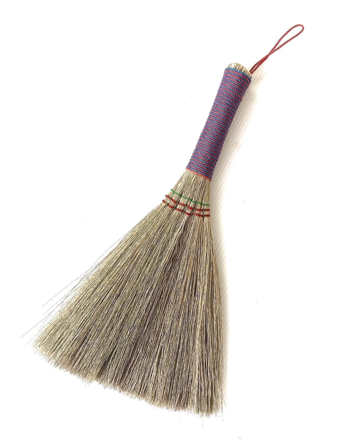 Handmade Bamboo Grass Broom with Nylon Thread Handle - Angled Bristles for Sweeping Debris &amp; Dust - Perfect for Carpet, Cobwebs &amp; Dusting - Compact &amp; Portable Cleaning Essential - 11 Inch