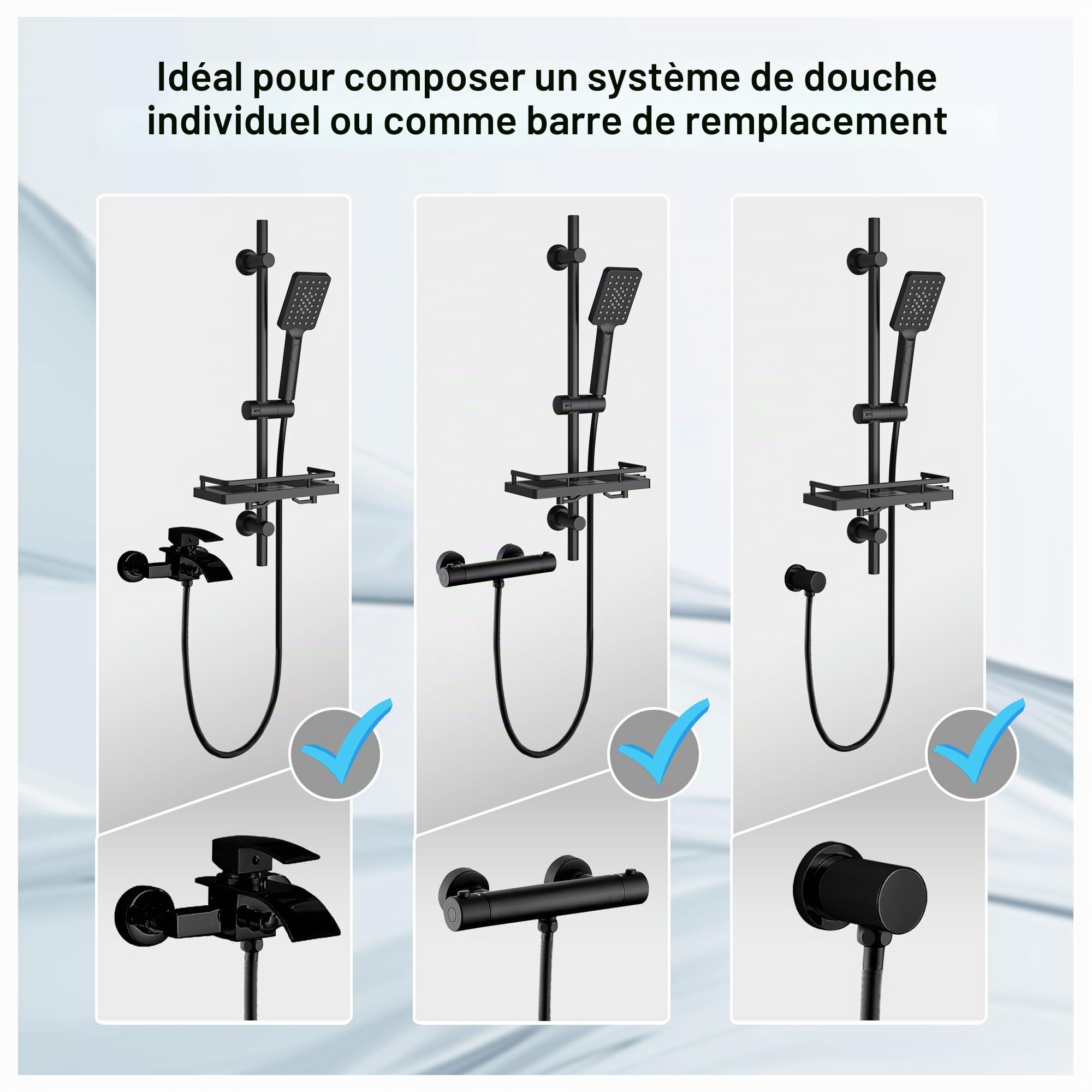 Görbach Colonne de Douche en Acier inoxydable avec Douchette à Main 3 Jets, Ensemble Barre de douche et Support de Pommeau de Douche et Tuyau pour Salle de Bain, Étagère Douche, 70cm Noir