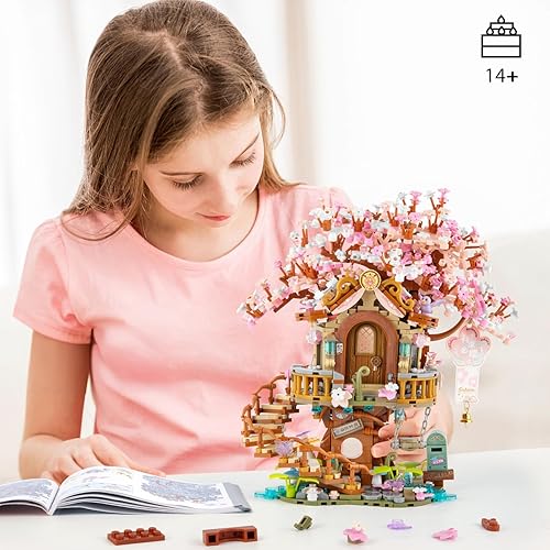 Miniatura 5 de Juego de construcción de árbol bonsái en flor de cerezo, juegos de modelo de casa de árbol japonés para adultos, 1149 piezas de mini ladrillos