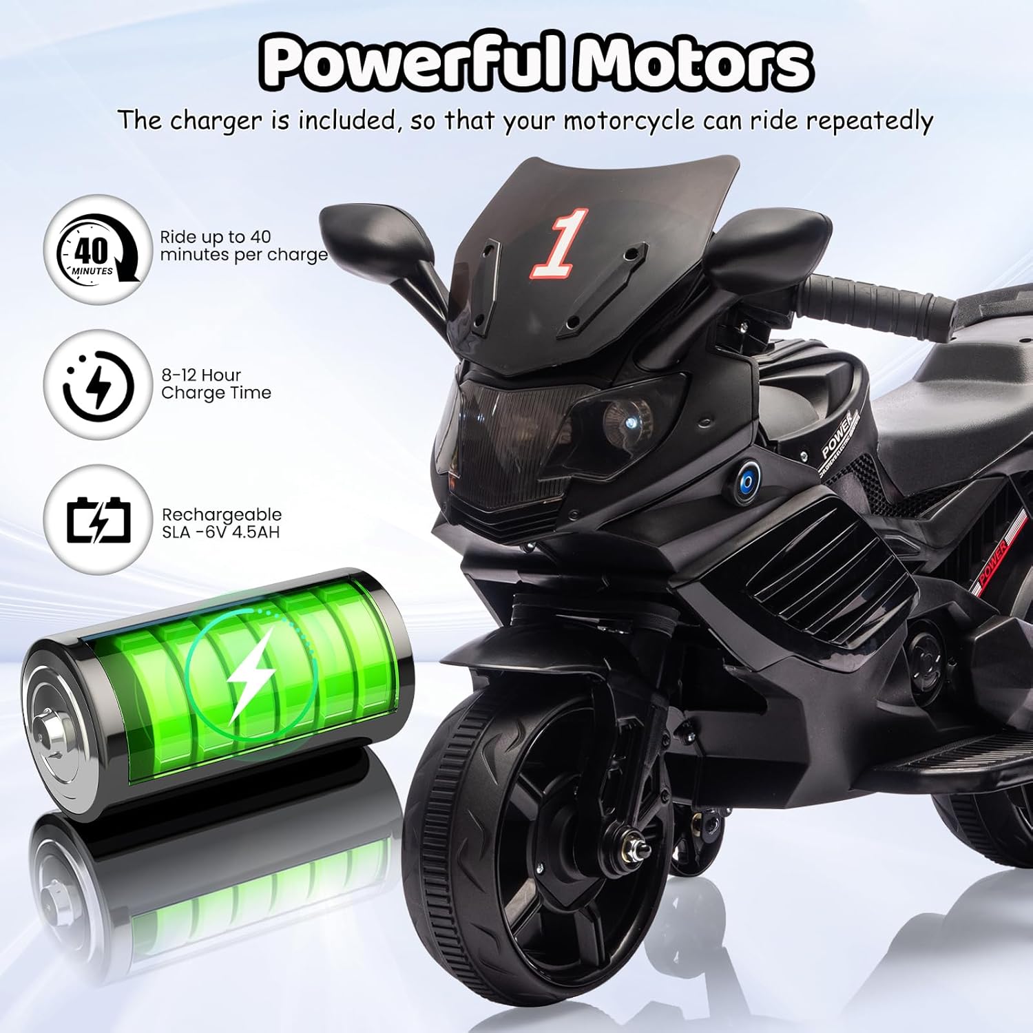 Kids 6V Ride On Motorcycle, Battery Powered Ride On Toys w/Treaded Tires, Working Headlight, Horn, Music, Training Wheels, Stable Electric Toddler Motorcycle for Kids, Gift for Boys Girls, Black