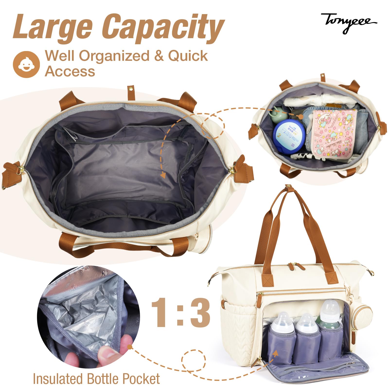Tonyeee Baby Changing Bag Tote, Large Nappy Diaper Tote Bag for Mum Dad Travel Baby Bag with Changing Mat, Pacifier Case - Image 3