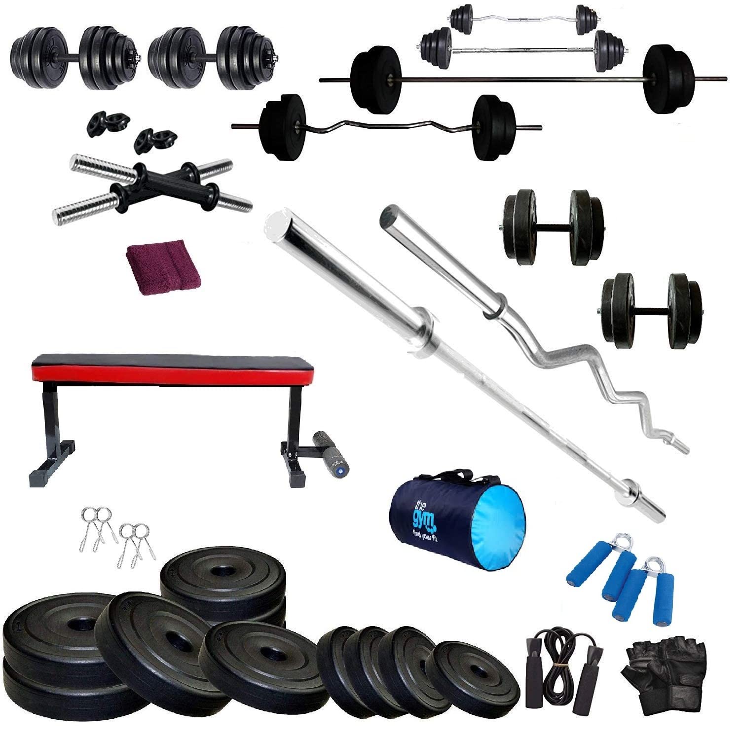 BODYFIT Home Gym Set Combo Kit, (20Kg-100Kg) Weight Plates, 3Ft Curl, 5Ft Plain Rod, Flat Black-Red Leg Bench,2 Pcs Dumbbell Rods,Fitness Exercise Set. (20 Kg Gym Set)-image-49