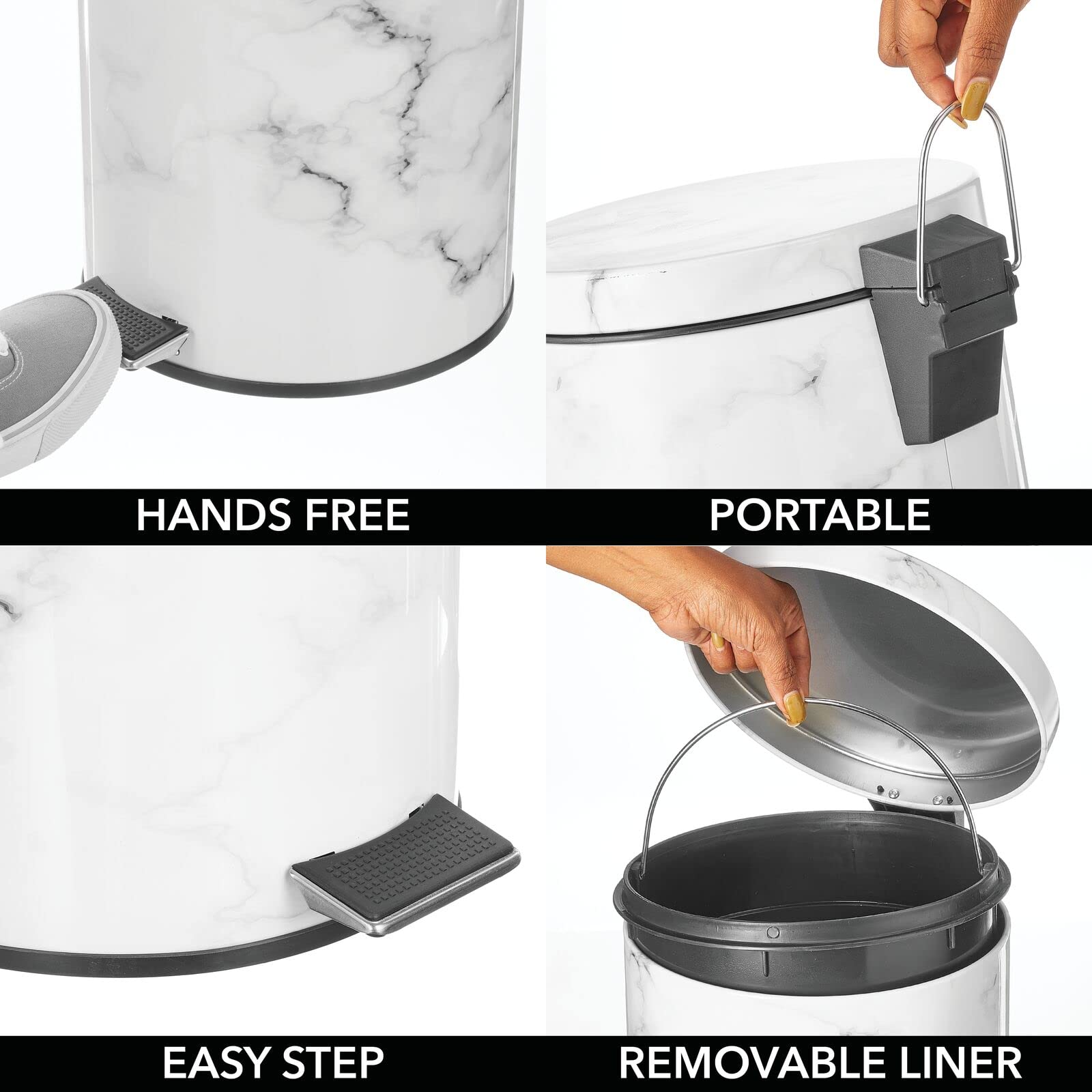 mDesign Metal/Steel 3.2 Gallon/12 Liter Round Step Trash Can with Lid, Foot Pedal Waste Basket, Garbage Bin - Removable Liner Bucket; for Bathroom, Office; Holds Trash, Recycling - White Marble Print