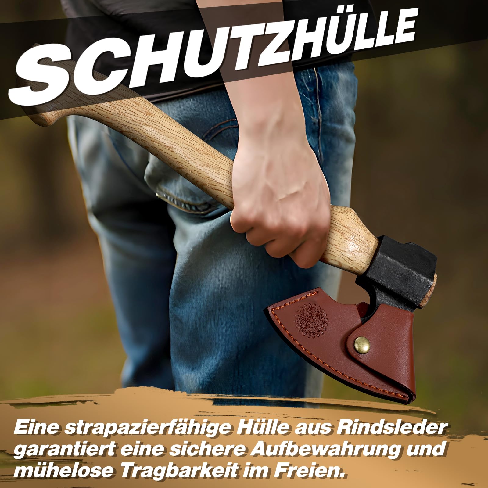 Purple Dragon Beil Axt Outdoor - mit Scheide, Äxte Holz Spalten 40cm Spaltaxt für Holz, Handgeschmiedet Handbeil Kuhfuß, Bushcraft Axt Holzgriff, Camping Äxte Geschenk für Männer