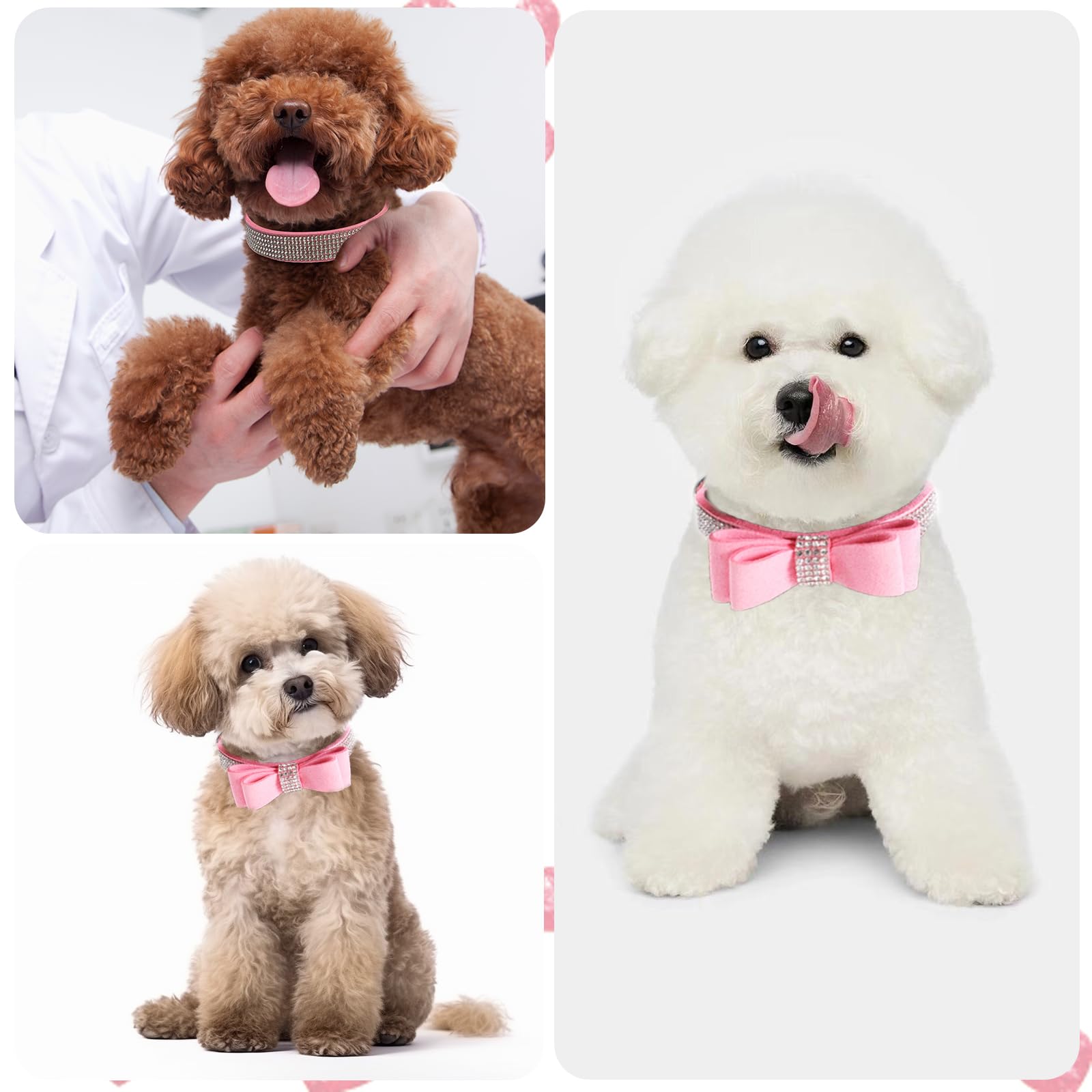 Pink Rhinestone Dog Collar XXS, 2-Pack Bling Kitten Collar Soft Suede Glitter Diamond Jewelry Crystal Girl Puppy Collar with Bow for XXS XS Small Medium Female Dogs & Cats (XXSmall)