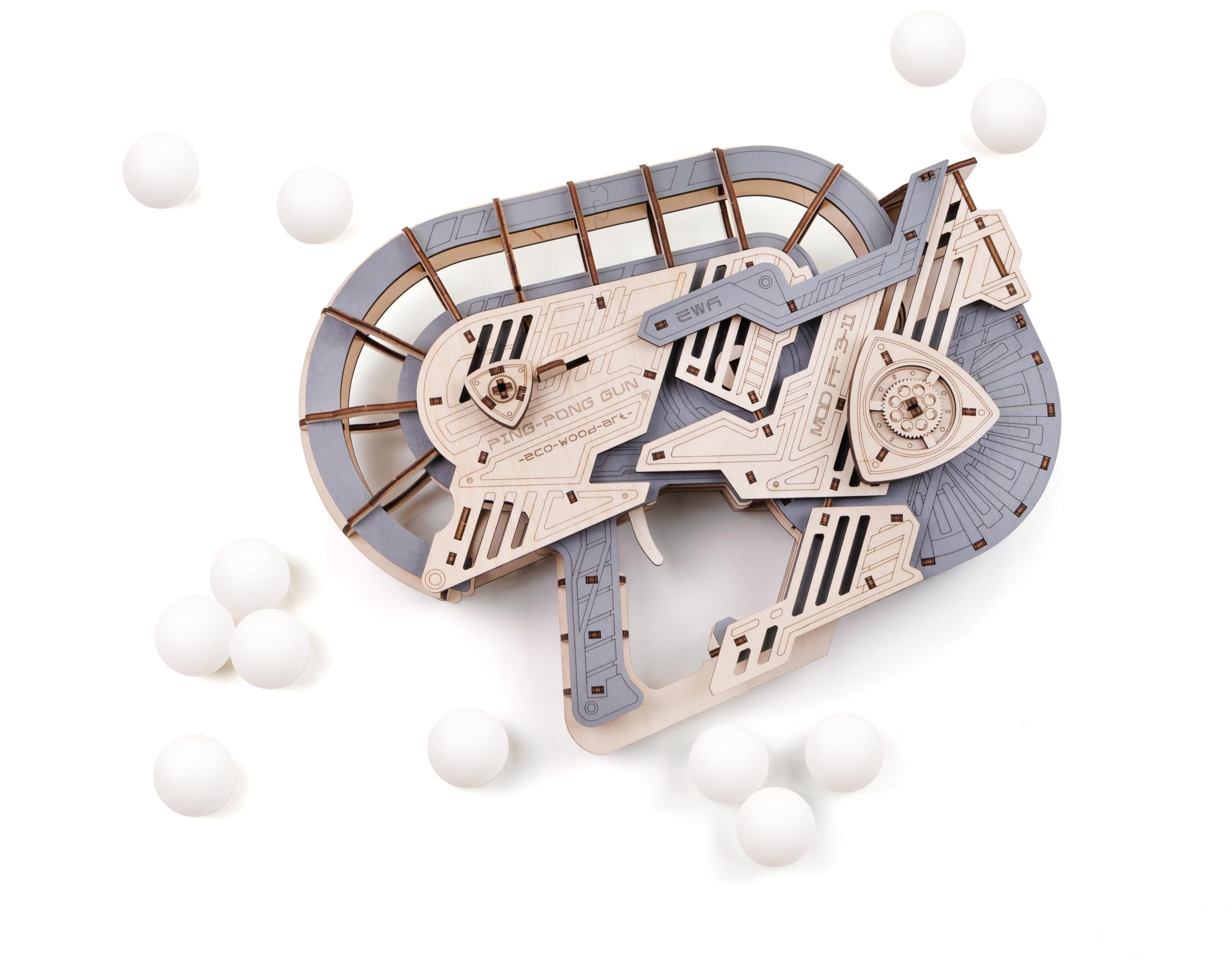 EWA Eco-Wood-Art PING PONG GUN – Drewniany Zestaw DIY z Mechanizmem Nakręcanym, Idealne na Prezent – Drewniane Puzzle 3D do Samodzielnego Montażu dla Nastolatków i Dorosłych (14+) – 153 szt.