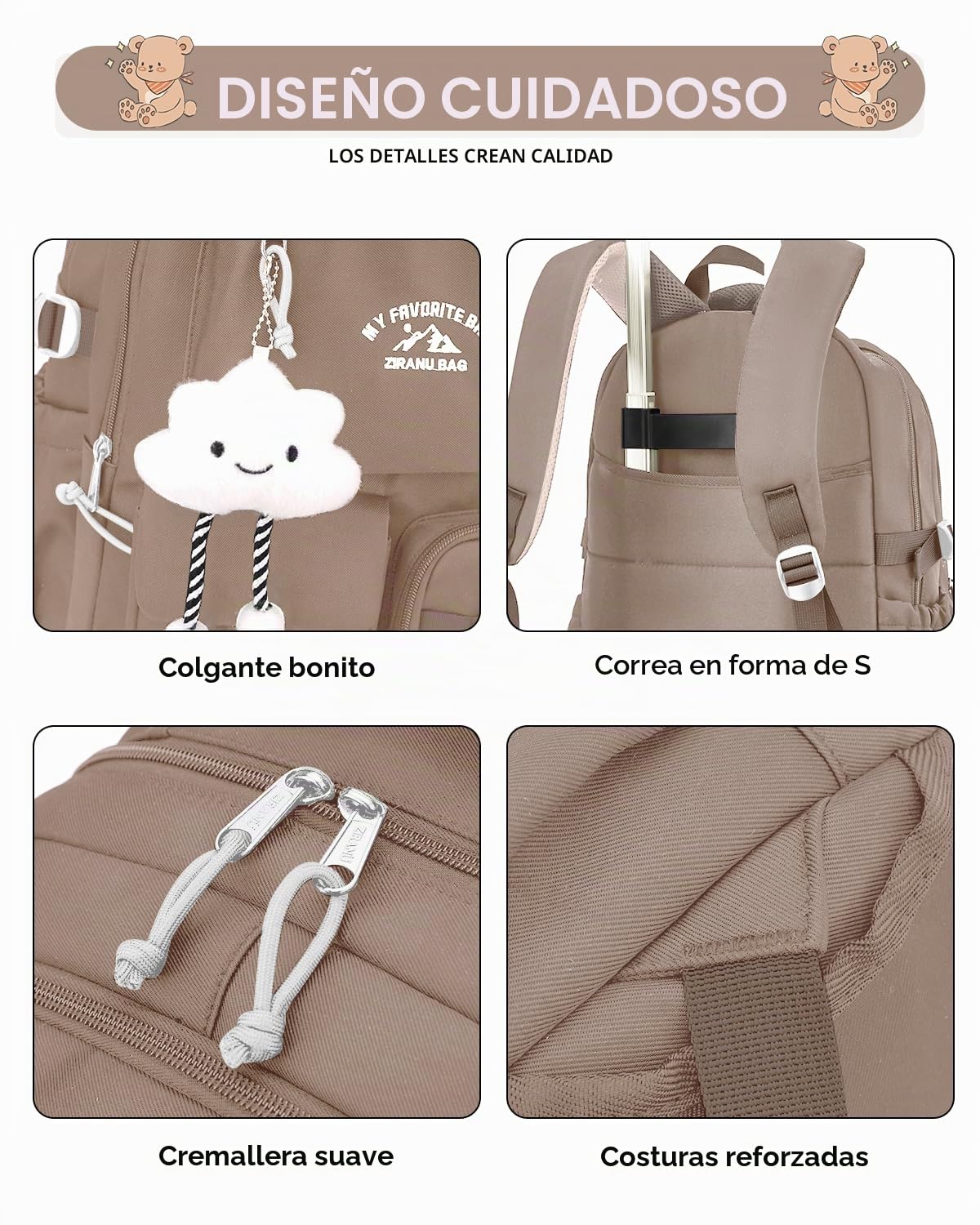 Tanou Mochila Escolar Niña con Ruedas, Mochilas Adolescente Chica con Carro | 30L, Trolley Desmontable Mochila Instituto de Viaje con 6 Ruedas, Marrón