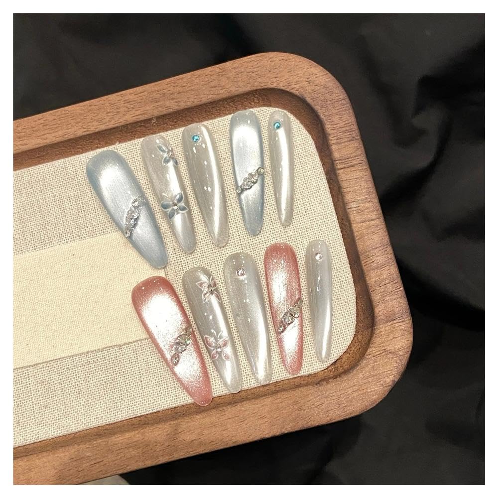 10pcs Long Oval Handmade Press On Nails Purple Crystal Cat's Eye Fake Nail Patches DIY Manicure(2 Size XS)