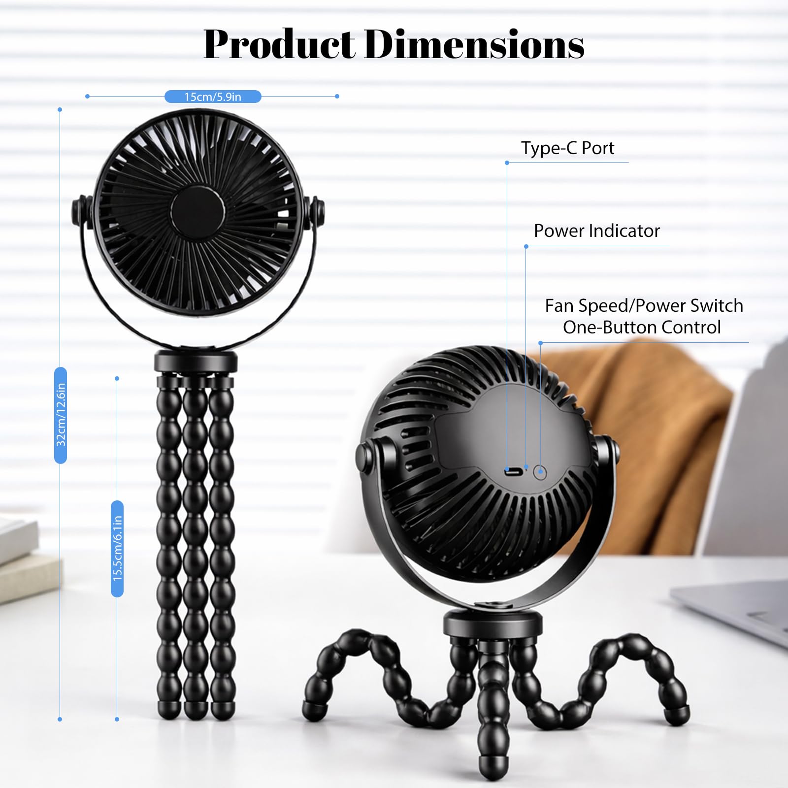 Mini ventilatore portatile USB 2000 mAh 3 velocità rotazione 360° supporto regolabile per passeggini ufficio camera da letto Nero
