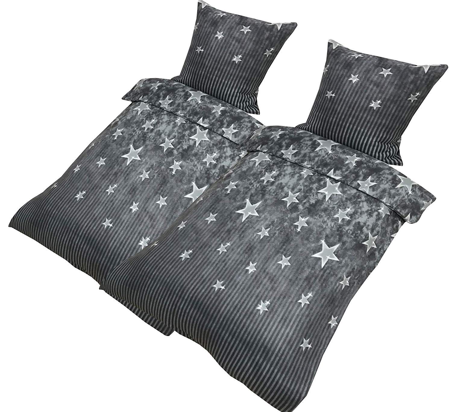 Leonado-Vicenti 4 TLG Winter Fleece Bettwäsche 135x200 Sterne Grau Anthrazit flauschig kuschelig mit Reißverschluss