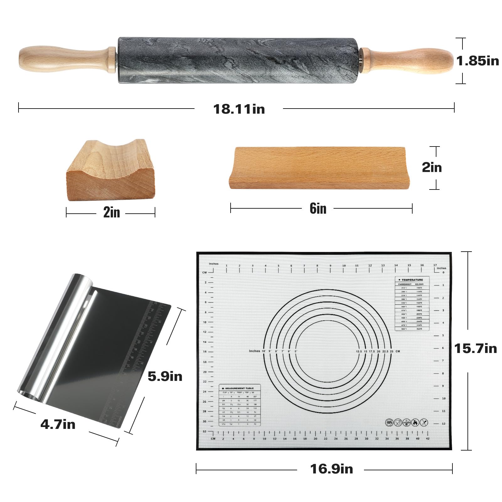 Koville Rodillo de mármol natural africano, rodillo de masa pulido antiadherente, pasta, albóndigas, fondant, corteza de pastel, pan, masa de pizza, herramientas de repostería para hornear de cocina
