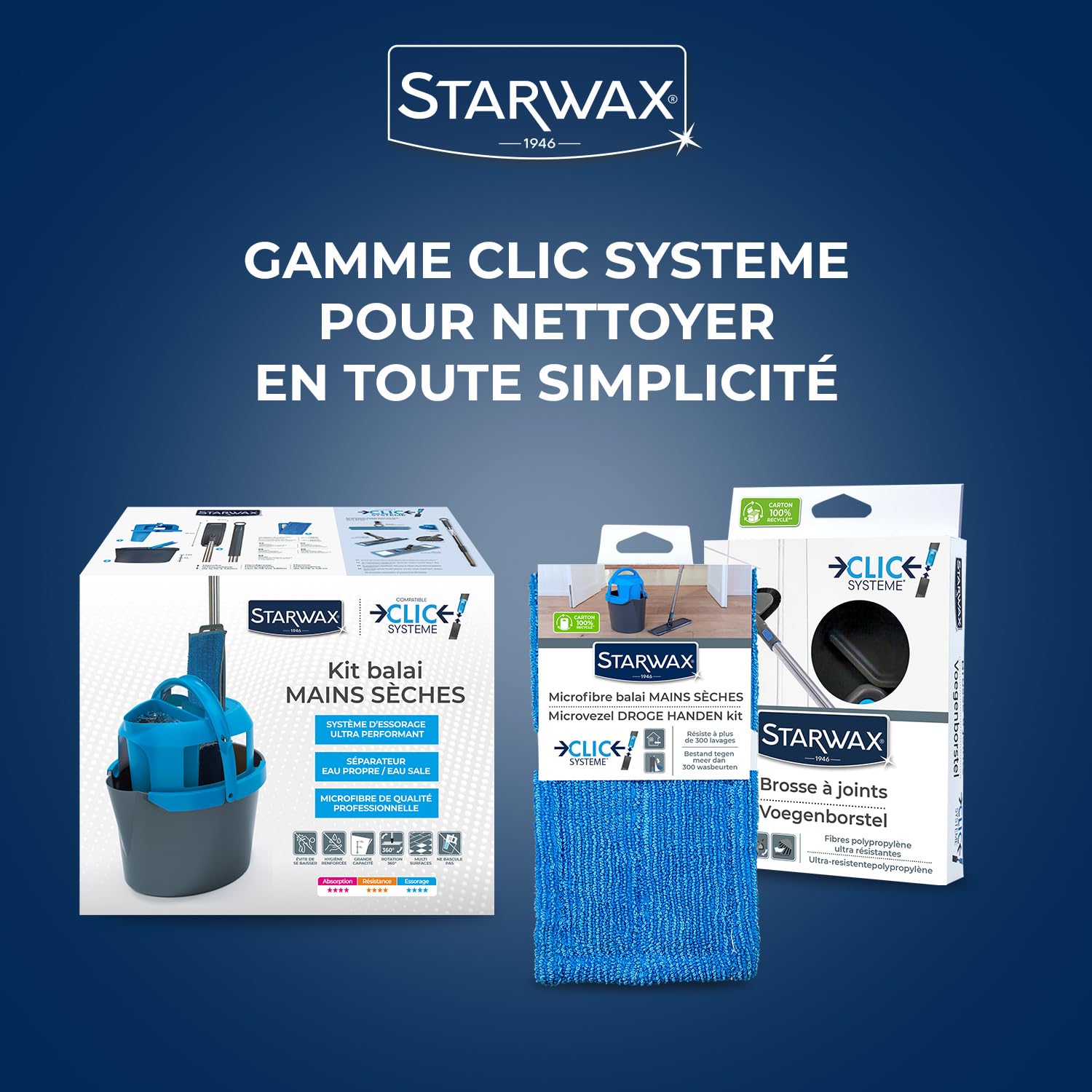 STARWAX Kit Balai Mains sèches Clic système | Tête rotative 360°, séparateur eau propre et eau sale, évite de se baisser, seau gradué 10L, microfibre lavable en machine