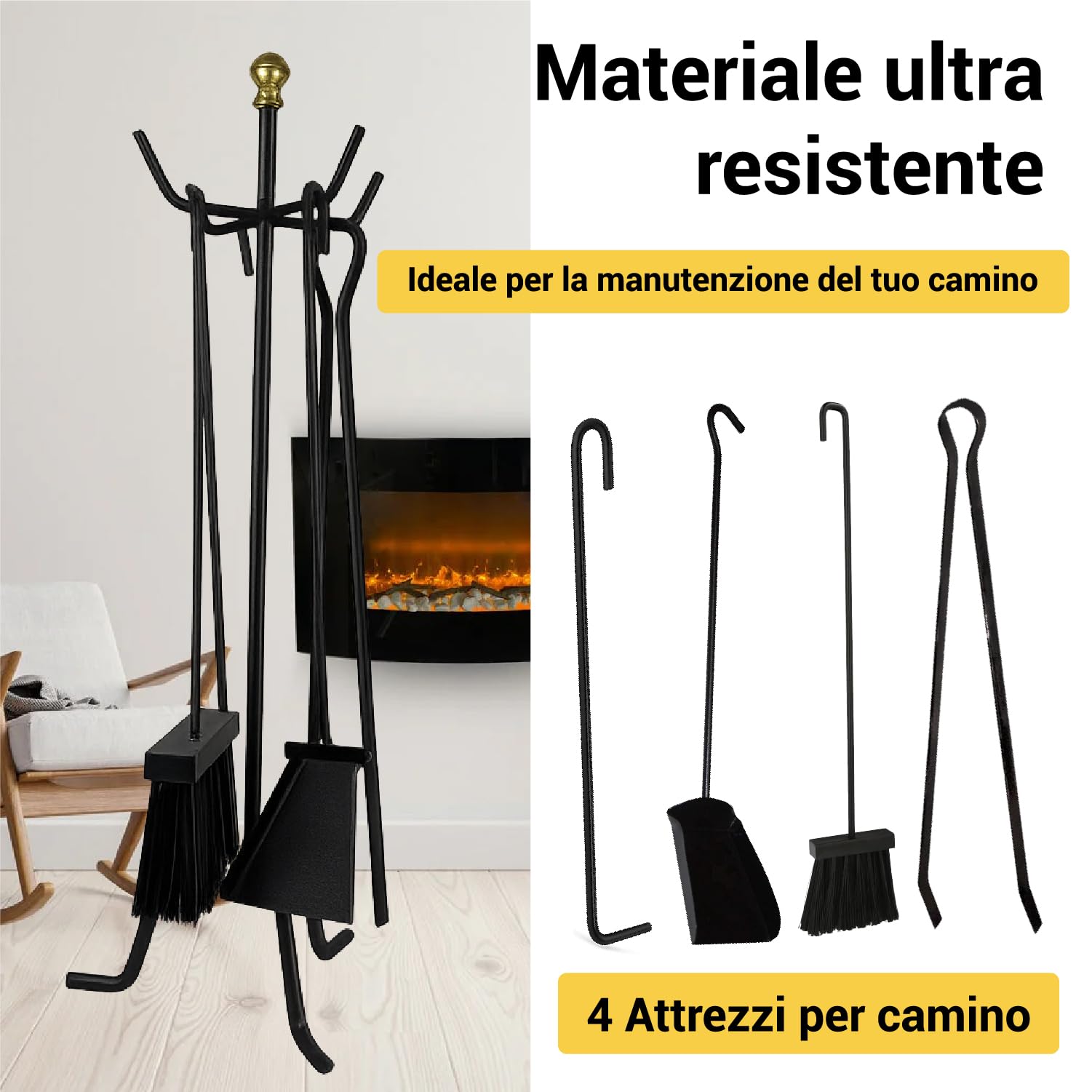 Crisalide® Set Attrezzi Camino in Ferro Battuto, 4 Pezzi - Elegante e Robusto, Strumenti per Caminetti, Pulizia Caminetti (58CM)