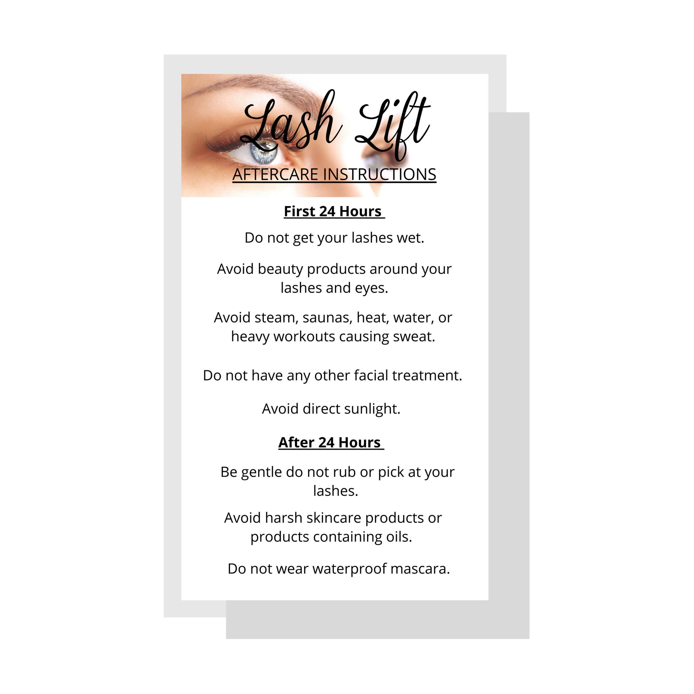 Boutique Marketing LLCLash Lift Aftercare Instruction Cards | 50 Pack | 2 x 3.5inch inches Business Card Single Side | Eyelash Lift Kit at Home DIY aftercare Supplies | Blue Eye Photo Design
