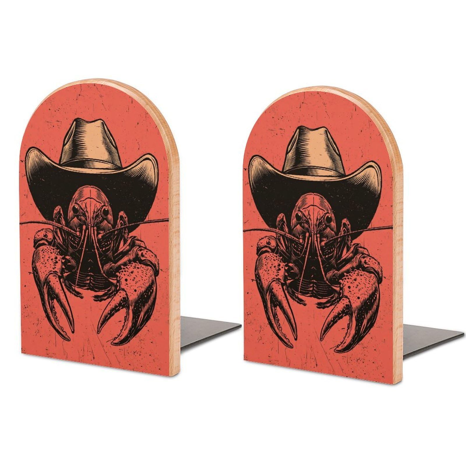 Crawfish Wearing Cowboy Hat Western Rustic Wooden Bookends Shelves 2 PCS Sturdy Book Holders Desktop Organizer for Home Office Libraries