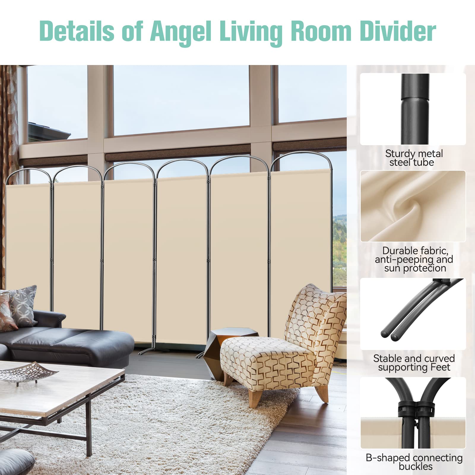 Angel Living Parawan, 6-częściowy, składany łuk, ścianka działowa, wolnostojąca, ochrona przed wzrokiem do biur, na balkon, do sypialni, ogrodu zewnętrznego, 336 x 182 cm, beżowy