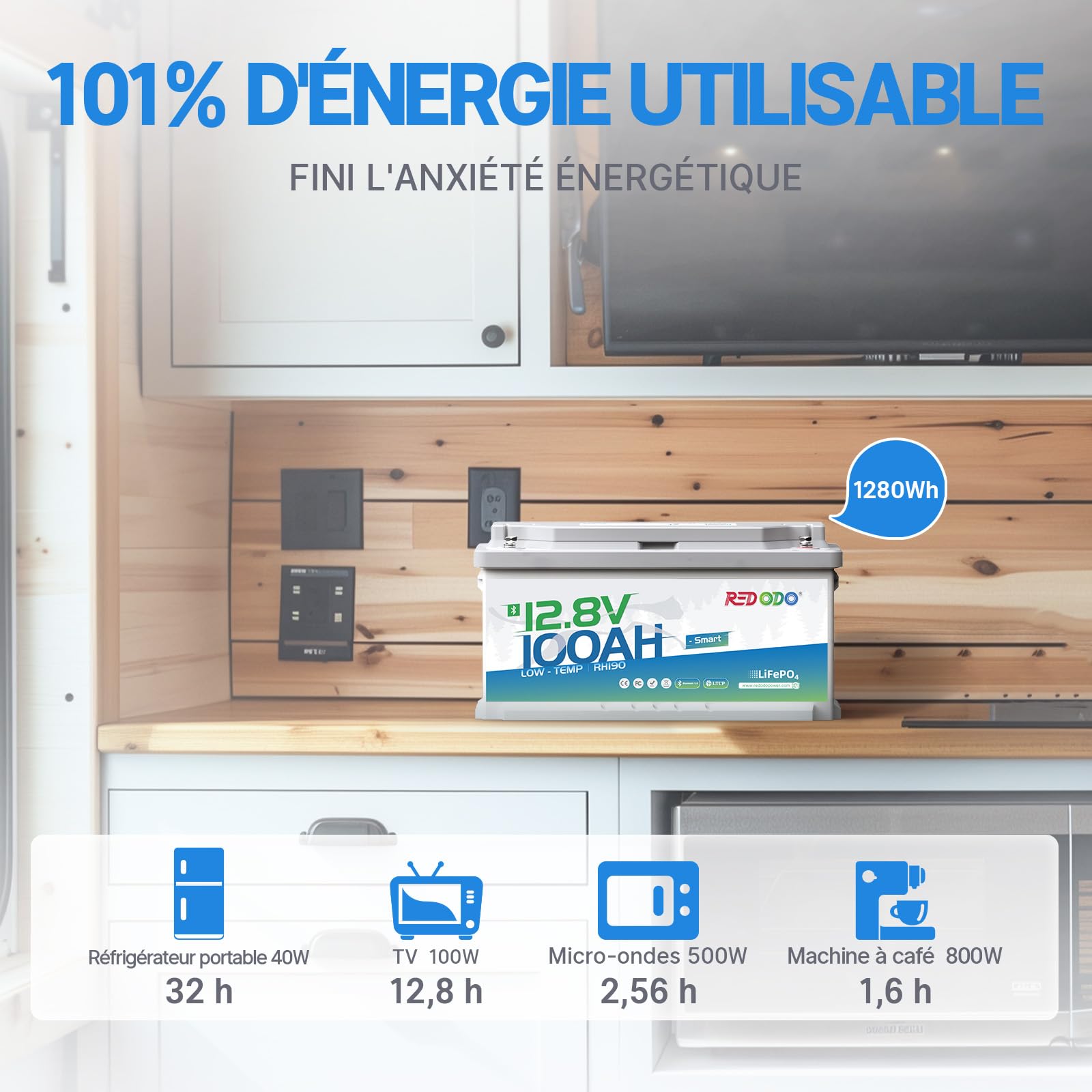 Redodo 12V 100Ah H190 Batterie LiFePO4 avec Bluetooth 1280Wh Batterie Lithium Protection Contre Basses Températures Hauteur 188mm Parfaite pour Camping-Car/Bateaux