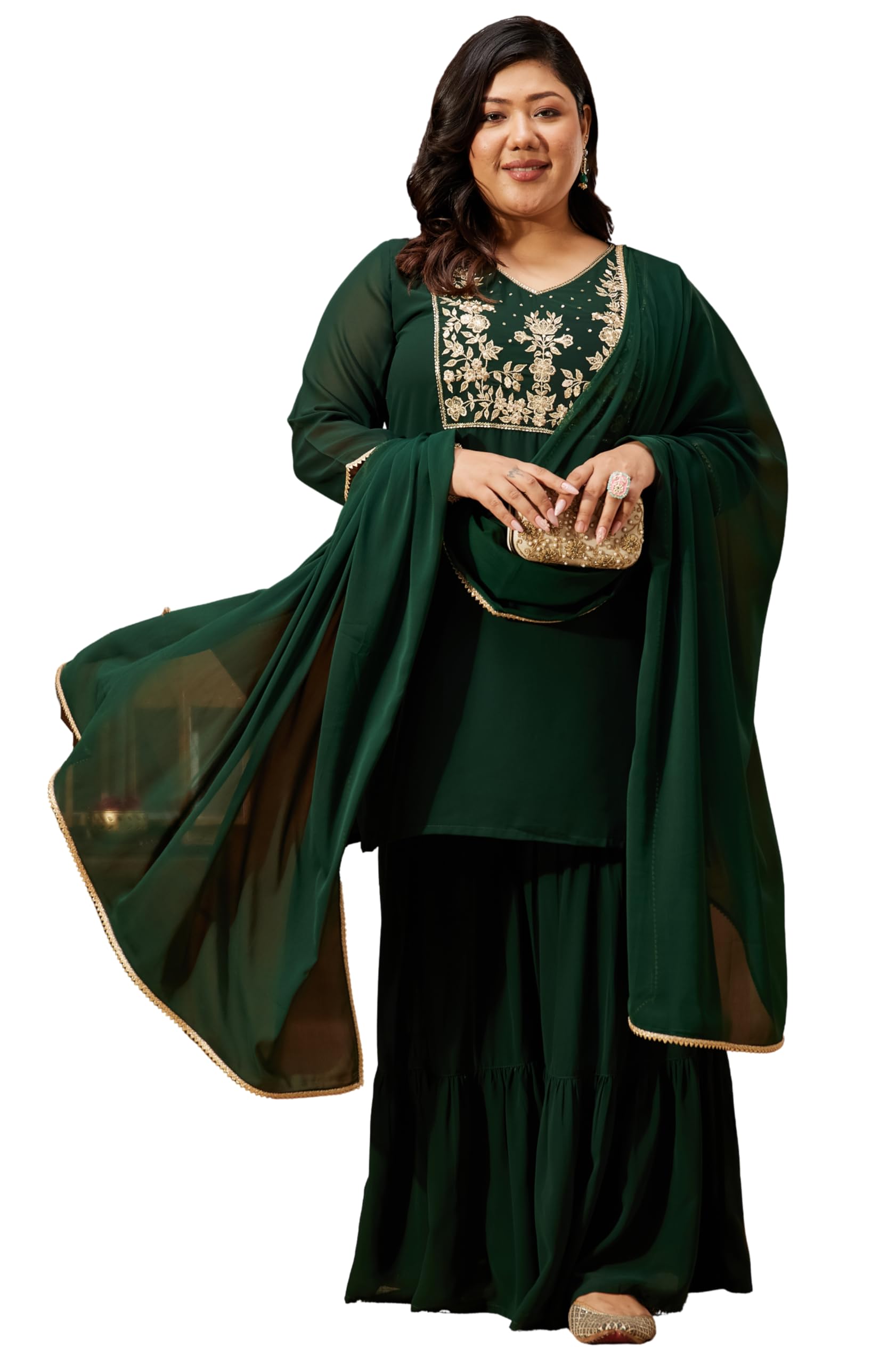 janasya Women's Plus Size Dark Green Georgette Zari Embroidered Straight Kurti with Sharara & Dupatta Set-picture-41