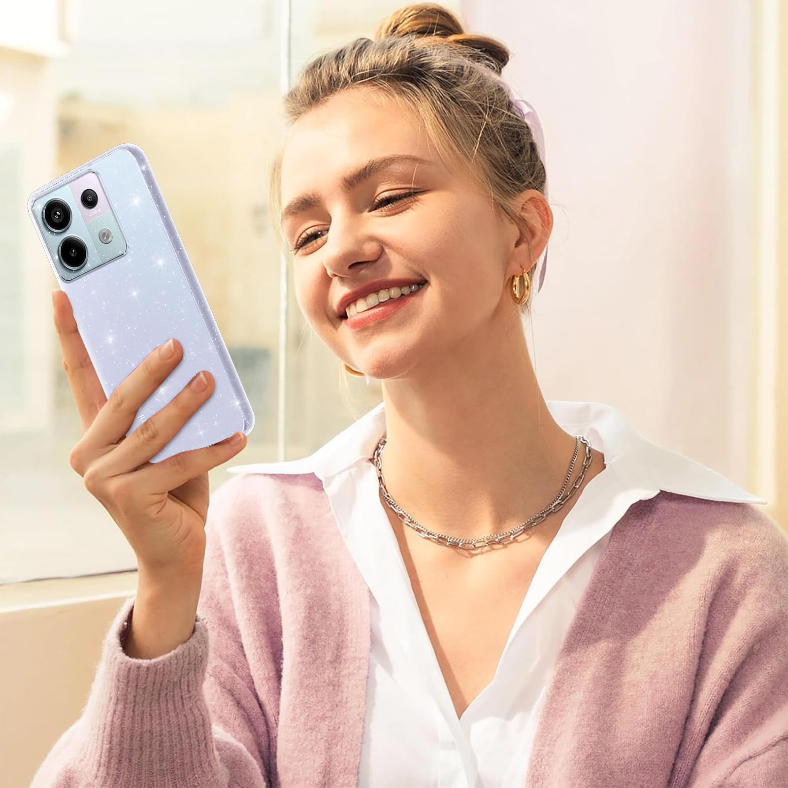 Brokat etui do Xiaomi Redmi Note 13 Pro 5G/Poco X6 5G 6,67 cala z 2 folią ochronną ze szkła hartowanego, estetyczne, odporne na wstrząsy błyszczące etui, miękki silikon TPU, przezroczysty