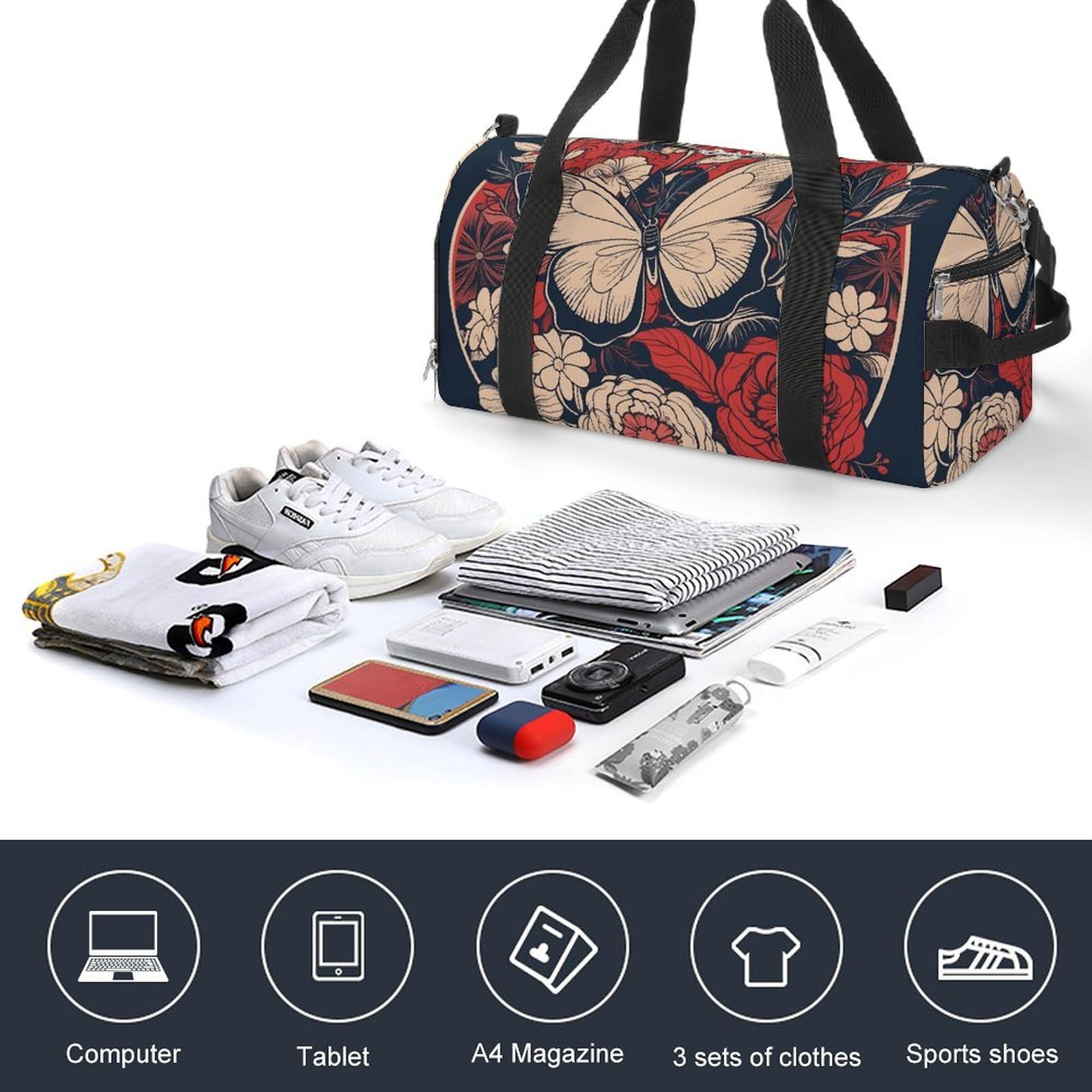 Sporttasche für Damen und Herren, mit Schuh- und Nassfach, Reisetasche, Kunstblume mit weißer Wochenendtasche, Handgepäcktasche für Schwimmen, Fitness, Workout, Sport, Seesack, Stil 2, Einheitsgröße,