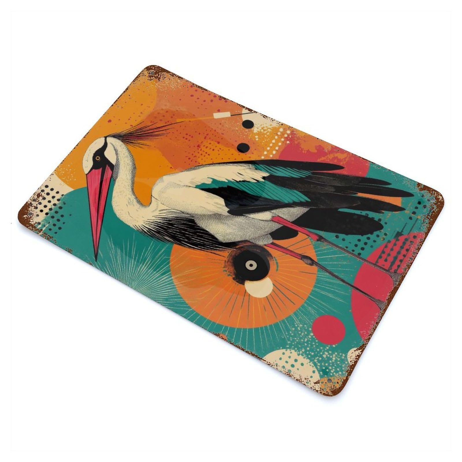 Retro Metal Sign with Stork with Geometric Background Graceful Crane A Vibrant Pop Art Expression Design 11.8"x7.9", for Farmhouse, Kitchen And Entryway Decor, Shabby Chic Decor