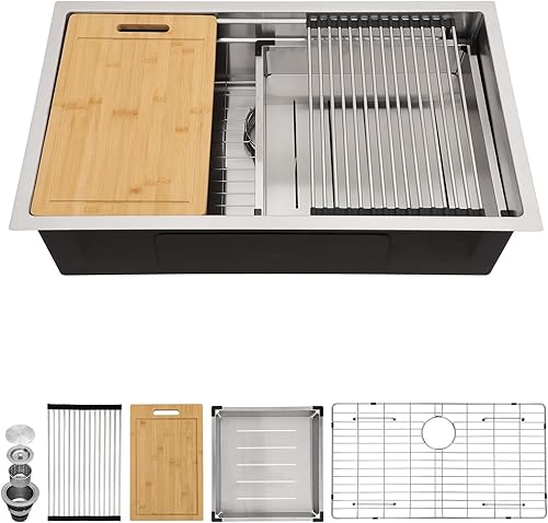 Miniatura 32 de Sarlai Fregadero de cocina empotrado de 30 pulgadas dorado - Fregadero de cocina de 76,2 cm x 45,7 cm con repisa para estación de trabajo de acero