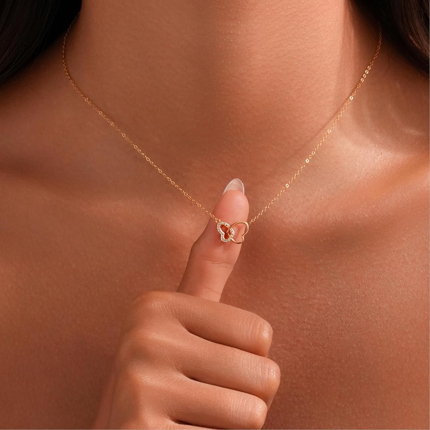 14K Gold Plated Dainty Butterfly Heart Necklace for Women, 925 Sterling Silver Cubic Zirconia Love Heart Interlocking Pendant Necklace to Daughter Mother Birthday Valentines Jewelry Gifts - Image 3