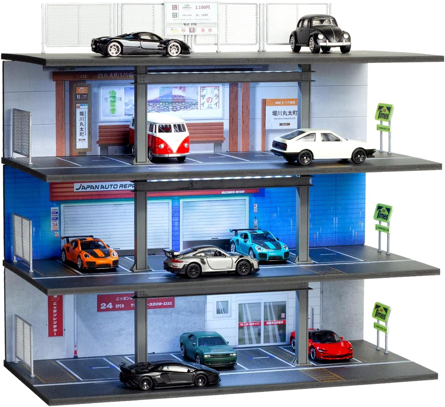 1:64 Diorama Garage Modell, LED Beleuchtung 20 Parkplätze Vitrine | Vierstöckiges Parkhaus Szene Display Case, für 1:64 Diecast Modellautos Display, Modellautos Vitrine, Gebäudemodell (E)