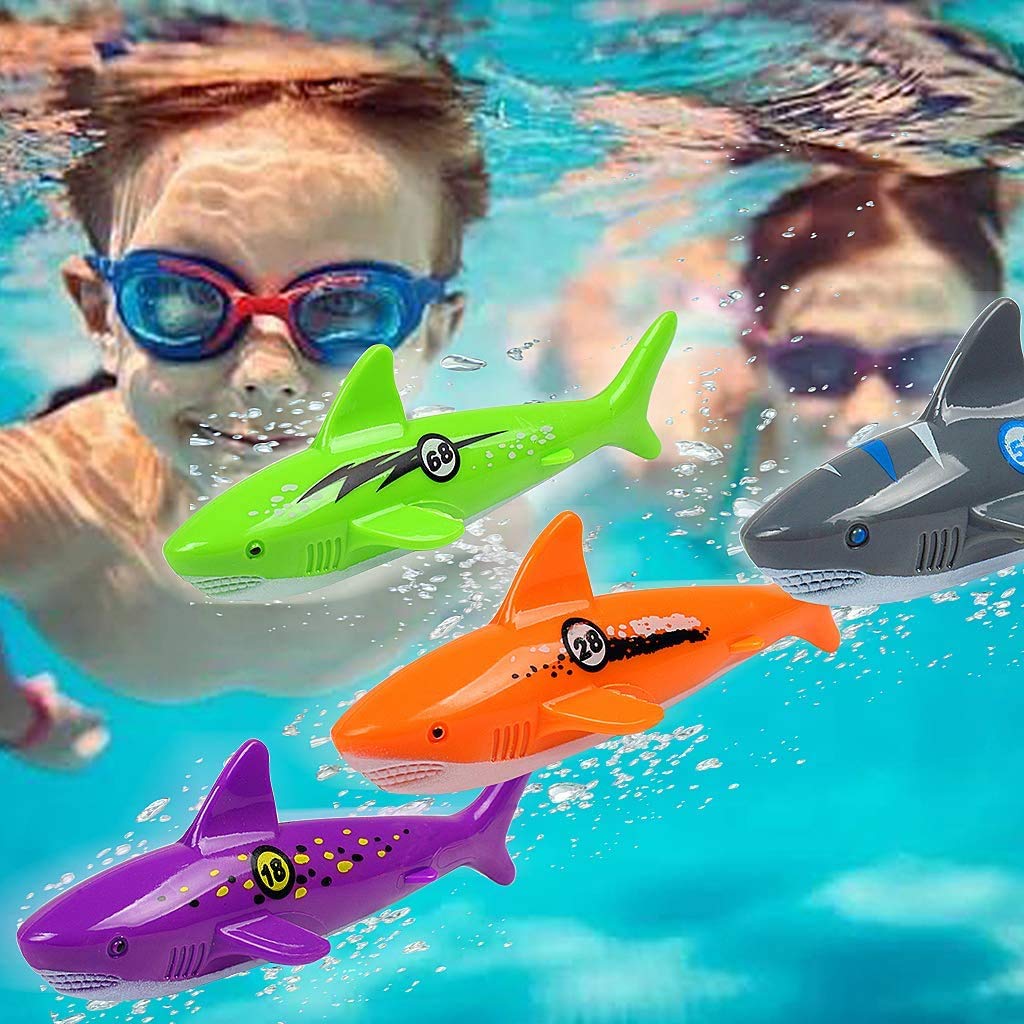 4er Pack Set Poolspielzeug Tauchen Torpedo Haifischform Gleitender Torpedo Für Kinder Unterwasserspielzeug Sommerspaß Schwimmspielzeug Für Bad Pool Wasserpark und Meer
