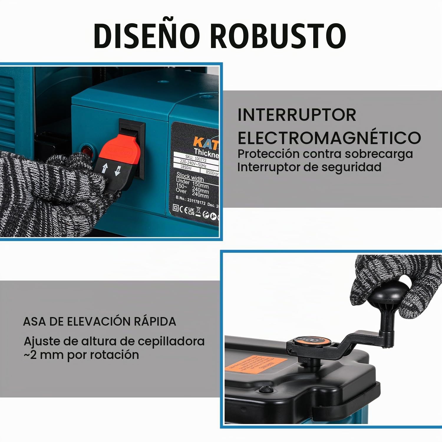 KATSU Tools Cepillo Eléctrica de Regrueso 330mm 1850W Regruesadora para Madera Carpintería Multifunción Máquina Cepilladora de Madera 100772