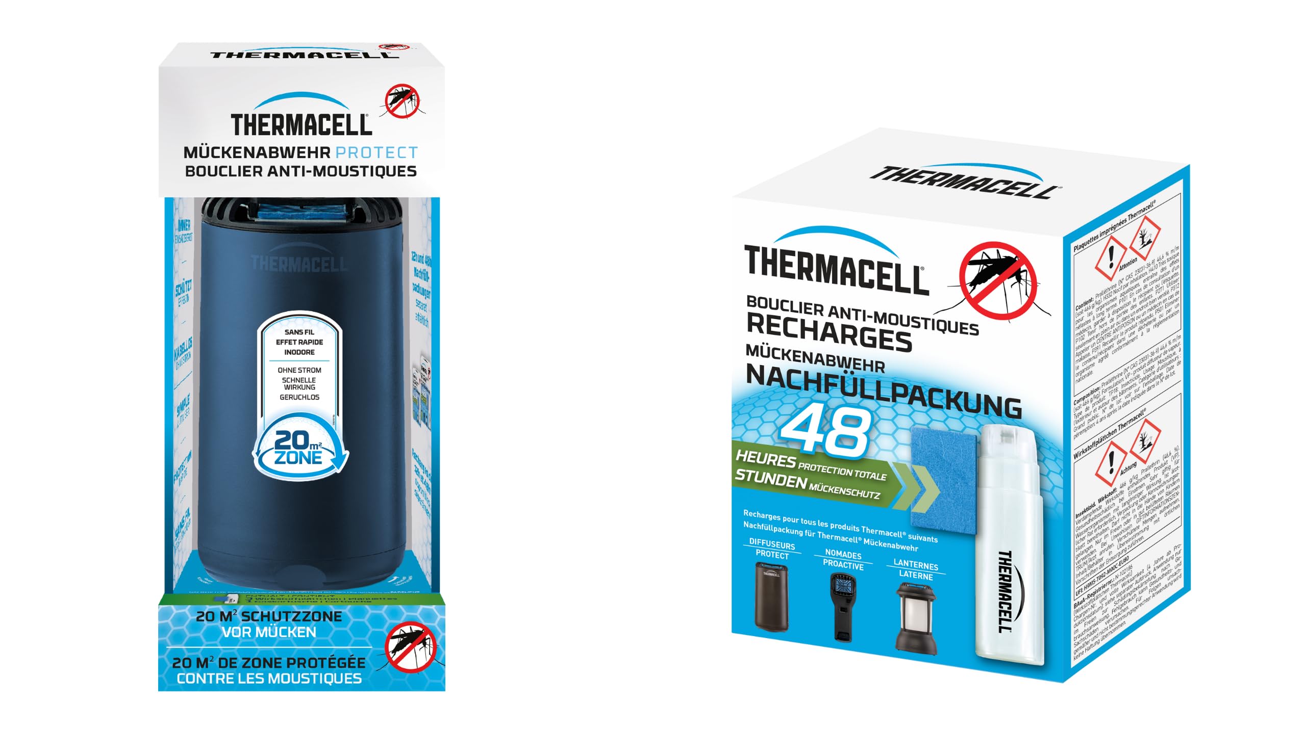 Thermacell - Confezione diffusore blu + ricarica 48 ore | Fino a 60 ore di utilizzo | Anti zanzara e zanzara Tigri | Area di protezione 20 m² | Effetto rapido | Inodore | Blu