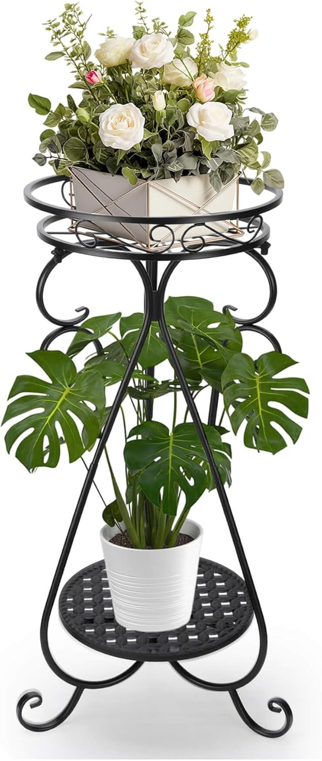Metal Corner Plant Stand Indoor - 2 Tier Tall Potted Flower Pot Stand Outdoor Multiple Tiered Rustproof Iron Holder Heavy Duty Plant Rack Round Suport Shelf for Balcony Garden Patio Enterway