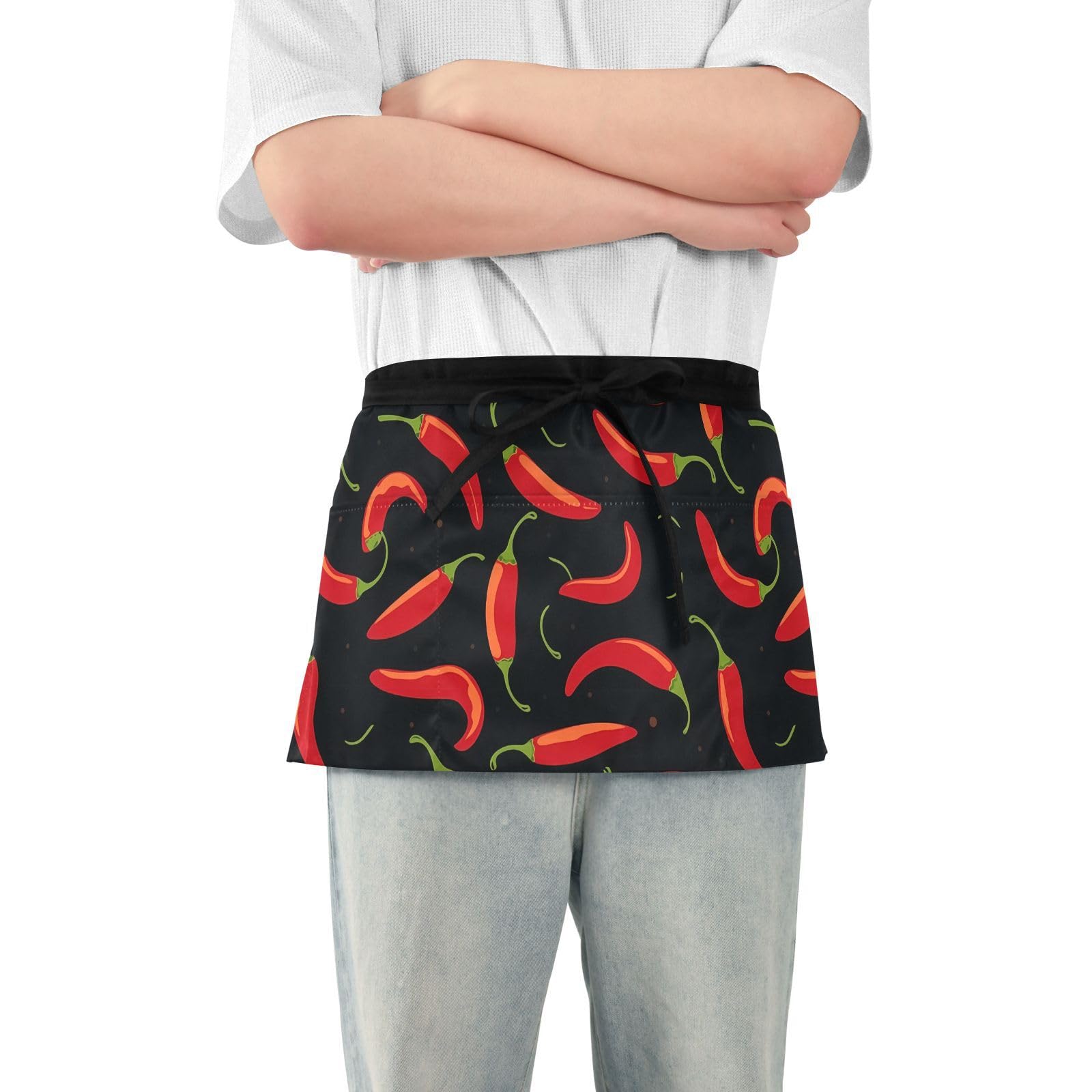 DOMIKING Red Chili Peppers Server Aprons with 3 Pockets Waitress Waiter Chef Apron Short Wasit Apron for Restaurant BBQ