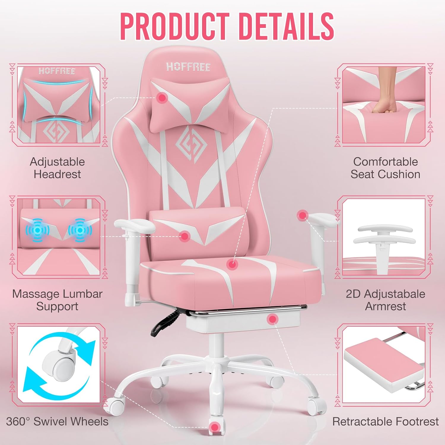 HOFFREE Massage Gaming Chair with Pocket Spring Cushion 155° Reclining Computer Gamer Chair with Footrest and Adjustable Armrests Ergonomic Video Game Chairs Pink and White