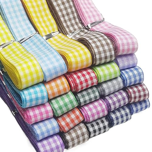 Libiline 50Yards 15Mm 5/8" Assorted Lots 25 Colors Gingham Ribbon Craft Diy Gift Packing Hair Bow Accessory (5/8", Multi-Colored) #TOP22