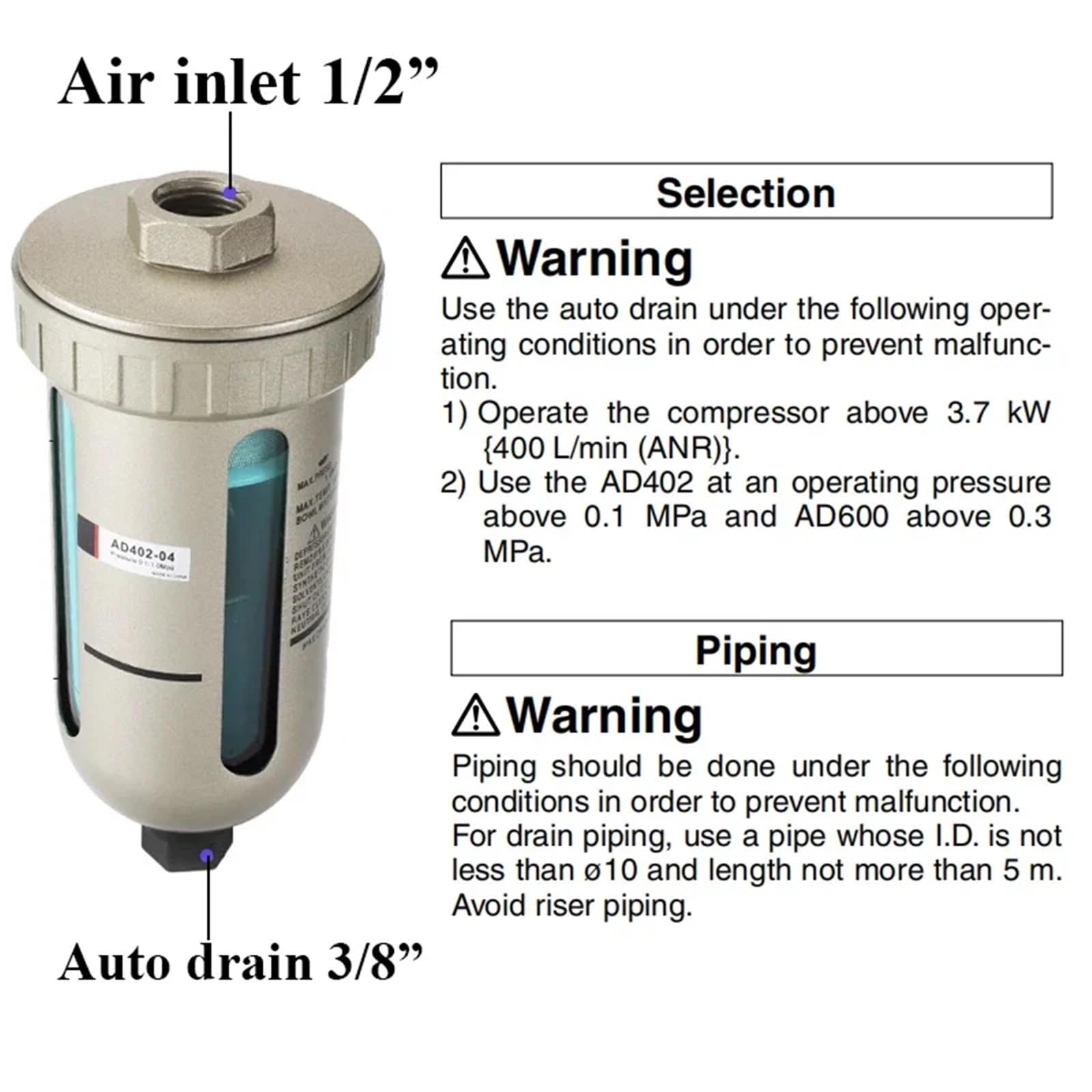 1 válvula de drenaje automático neumática AD402-04, purgador automático de tanque de aire, compresor de aire, filtro separador de agua y aceite.
