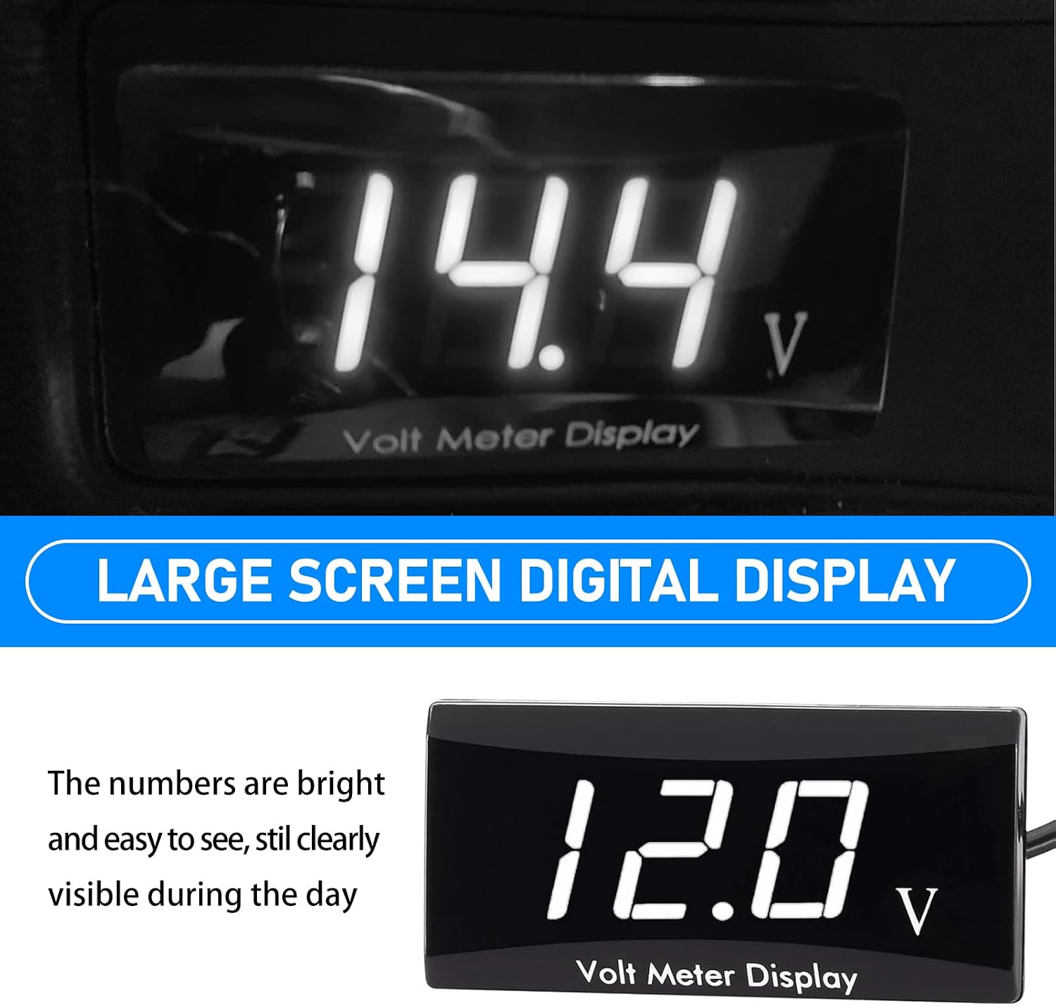 Pack-1 Car Voltmeter Gauge, DC 12V 1.1" x 2.2" x 0.4" Big Screen Digital Display Voltage Measuring Instrument, Waterproof Dustproof Voltmeter with Alloy Bracket, Universal for Cars (White)