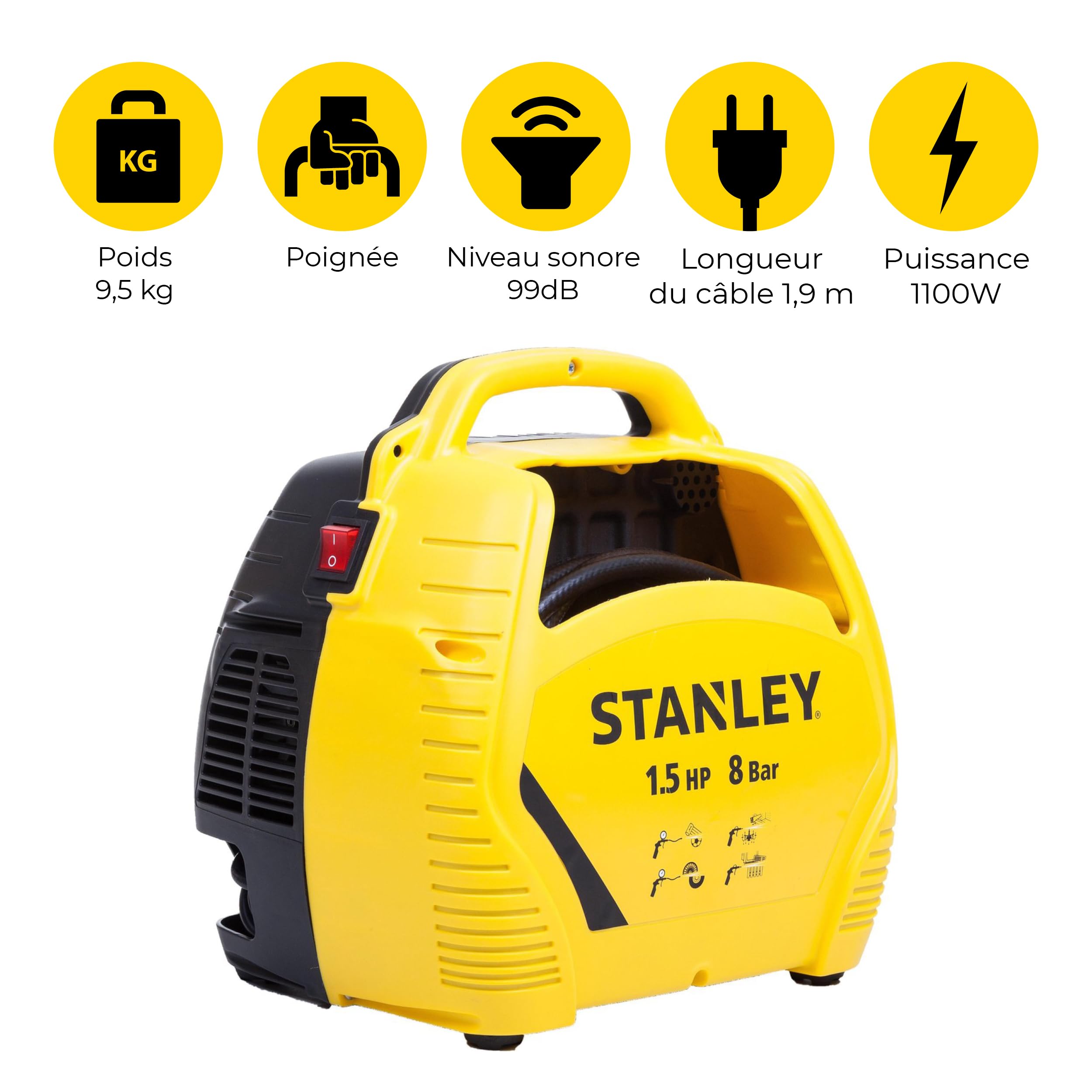 Stanley Compresseur à Air 8 Bar avec Outils Pneumatiques - Incl. Tuyau d'Air 3M, Pistolet à Air avec Manomètre et 3 Buses - Jaune