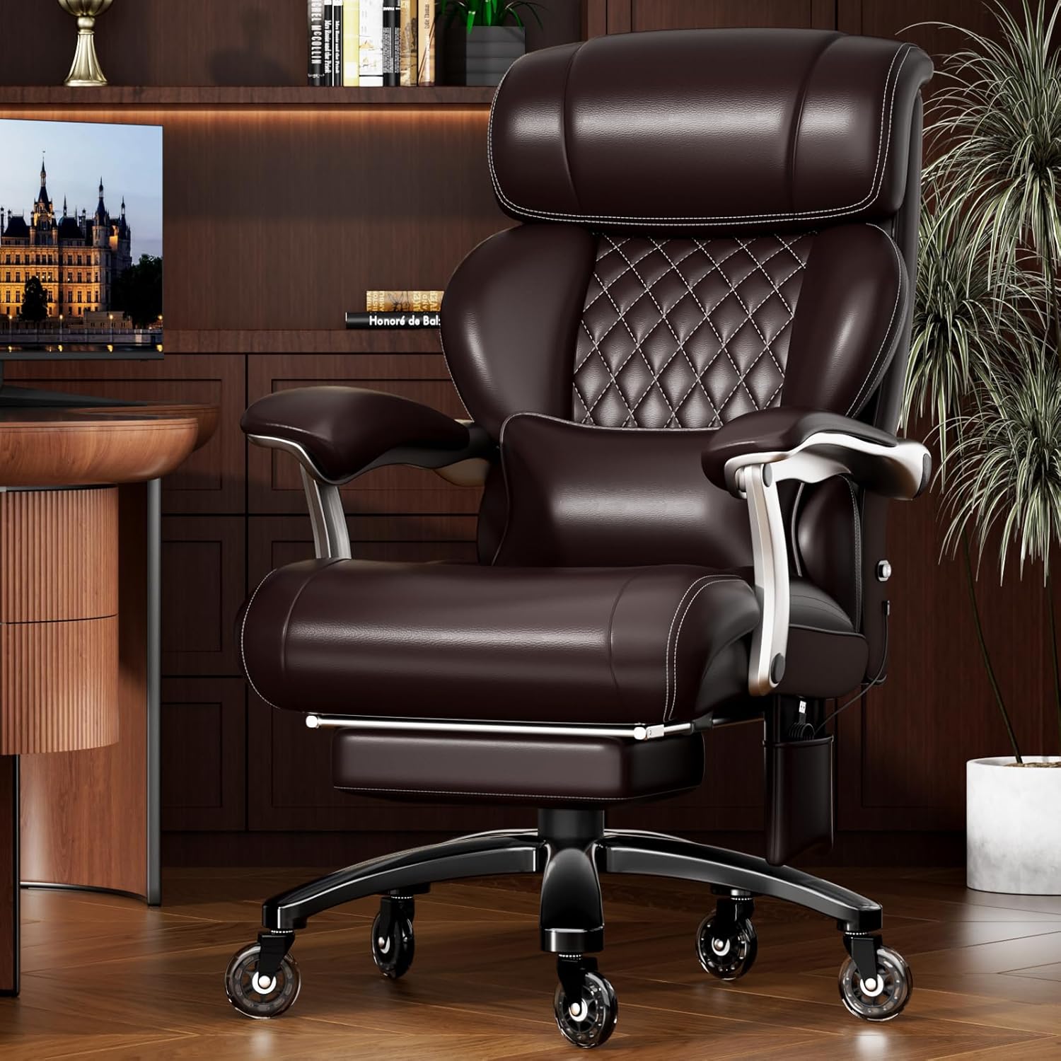 Czlolo Executive Big and Tall Office Chair, 7.83Hz Schumann Resonance Sleep Aid & Heating Stress Relief Heavy Duty Metal Base Desk Chair, Silent Rubber Wheels, Thick and Wide Cushion, Dark Brown