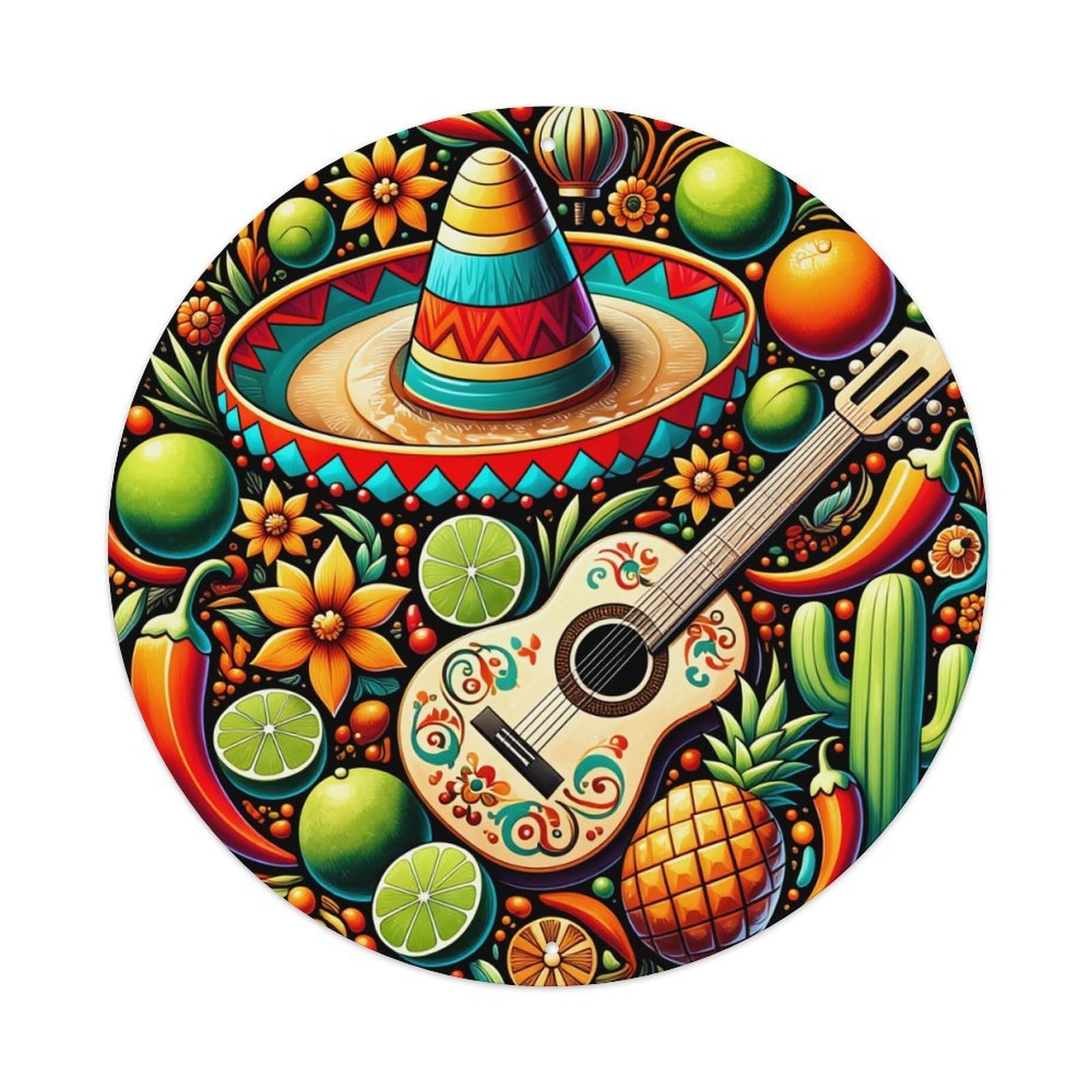 Mexican Fiesta Guitar Pattern Round Tin Sign Vintage Metal Poster, Home Bar Garage Man Cave Cafe Indoor & Outdoor Wall Decoration 8x8Inches