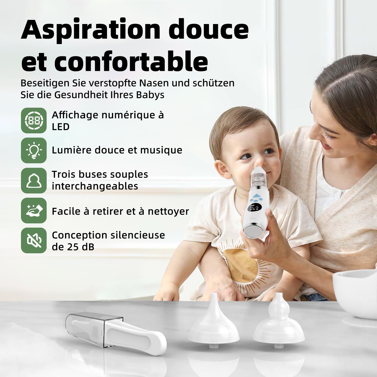 Mouche Bebe Electrique, Mouche nez Bébé confort 5 niveaux d'aspiration mouche-bébé 3 tailles Embout musique et lumière apaisantes affichage LED portable