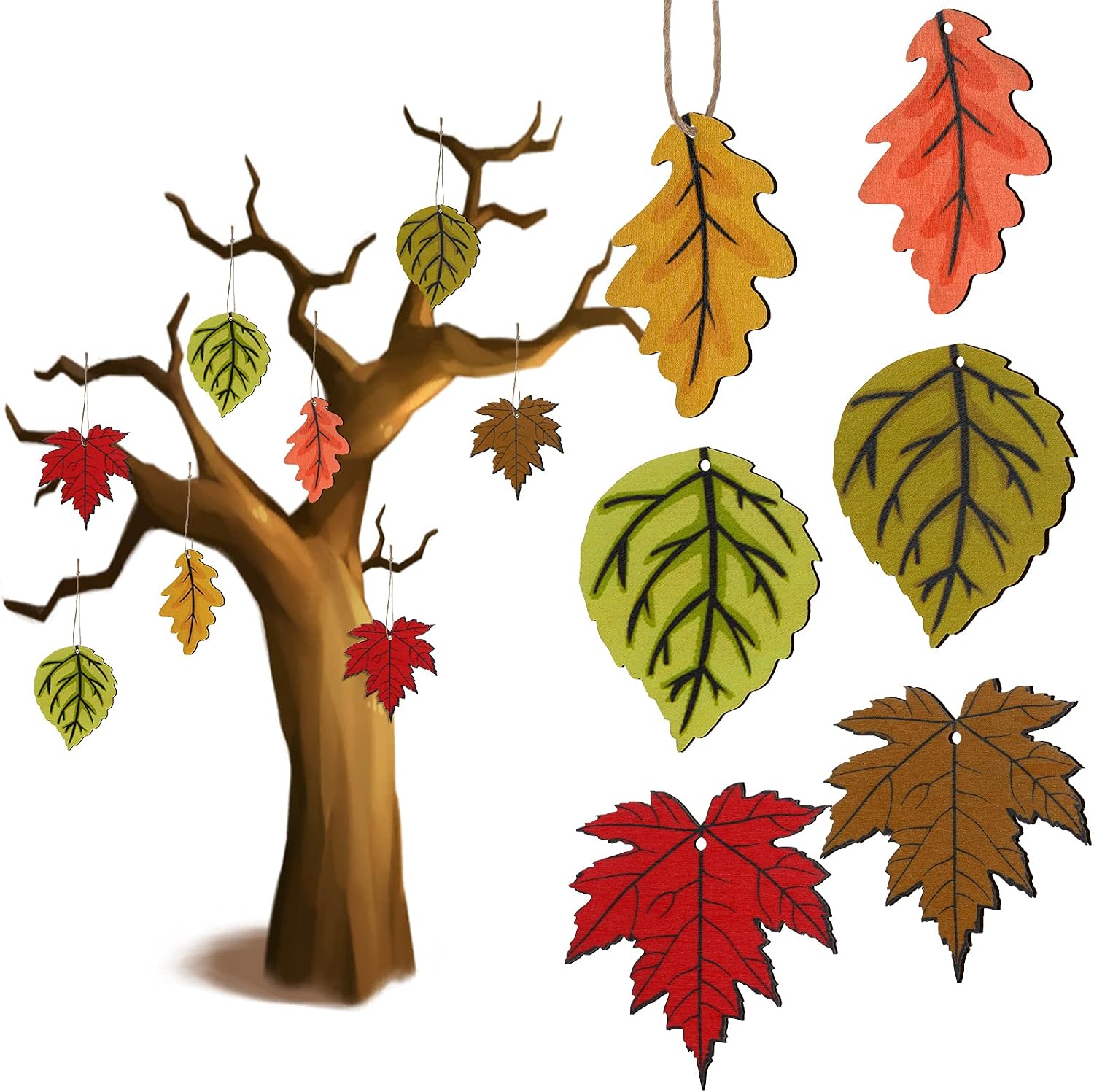 Jetec 24 Pcs Fall Wooden Ornament for Tree, Maple Leaves Hanging Decoration