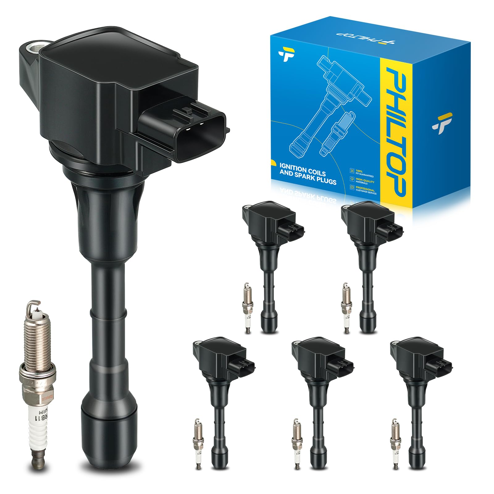 PHILTOP UF550 Ignition Coil Pack and Spark Plugs Kit Fits for Nissan 2009-2015 2017-2023 Murano, 2013 2015-2020 2022-2023 Pathfinder, 2009-2014 2016-2023 Maxima, INFINITI 2018-2023 QX60, 6PCS