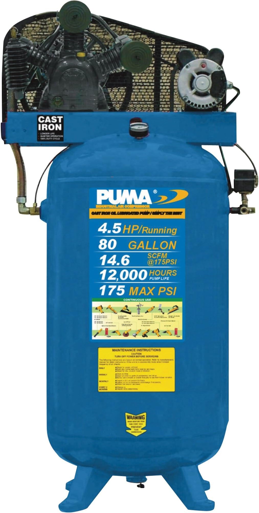 Belt-Drive Stationary Vertical Air Compressor - 80-Gallon Vertical, 5 HP, 14.5 CFM, Model Number TE6580V