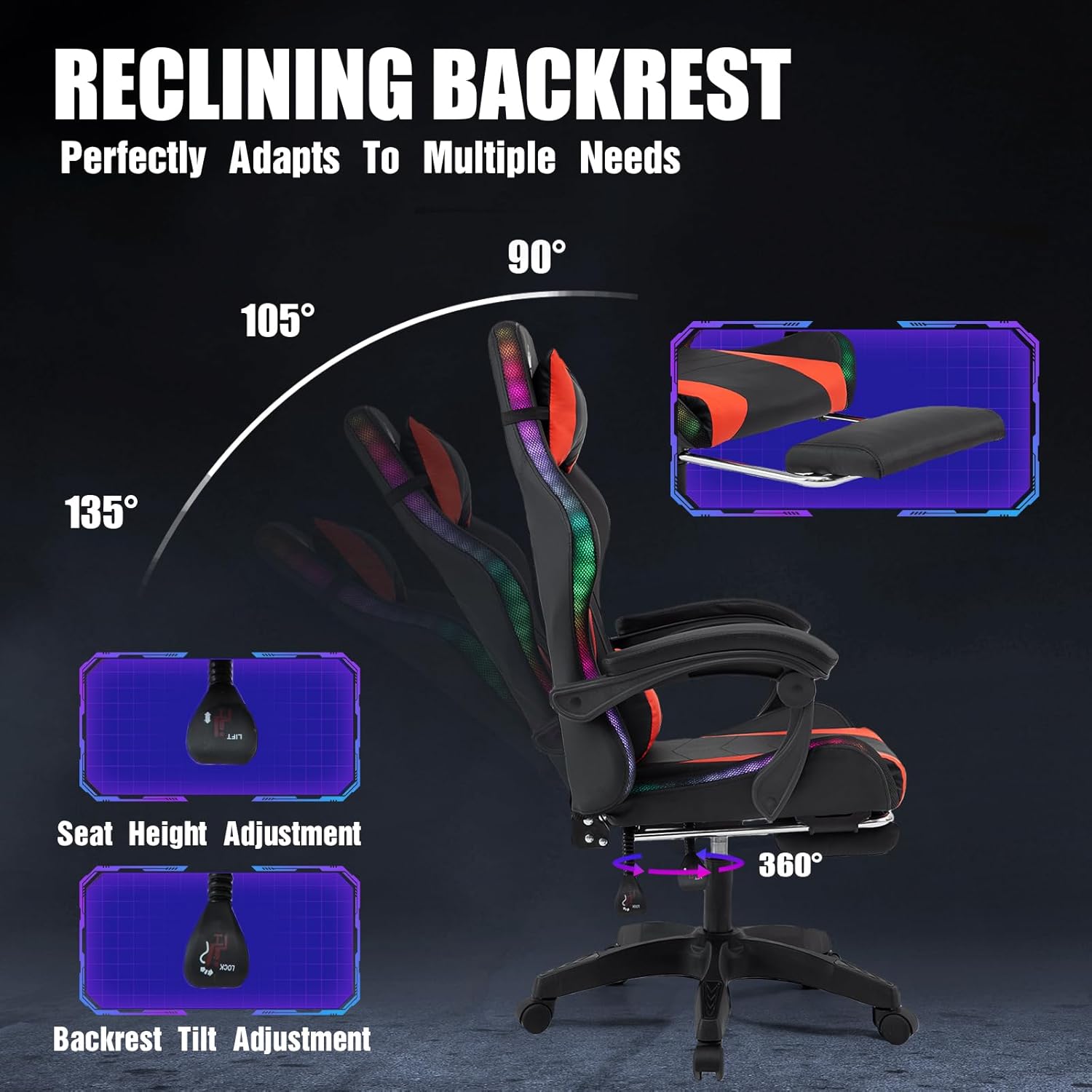 RGB Gaming Chair with Footrest, Computer Gaming Chair with LED Lights for Adults, Reclining Gamer Chair with Adjustable Headrest, Lumbar Support and Linkage Armrests for Home, Office, Gaming Room