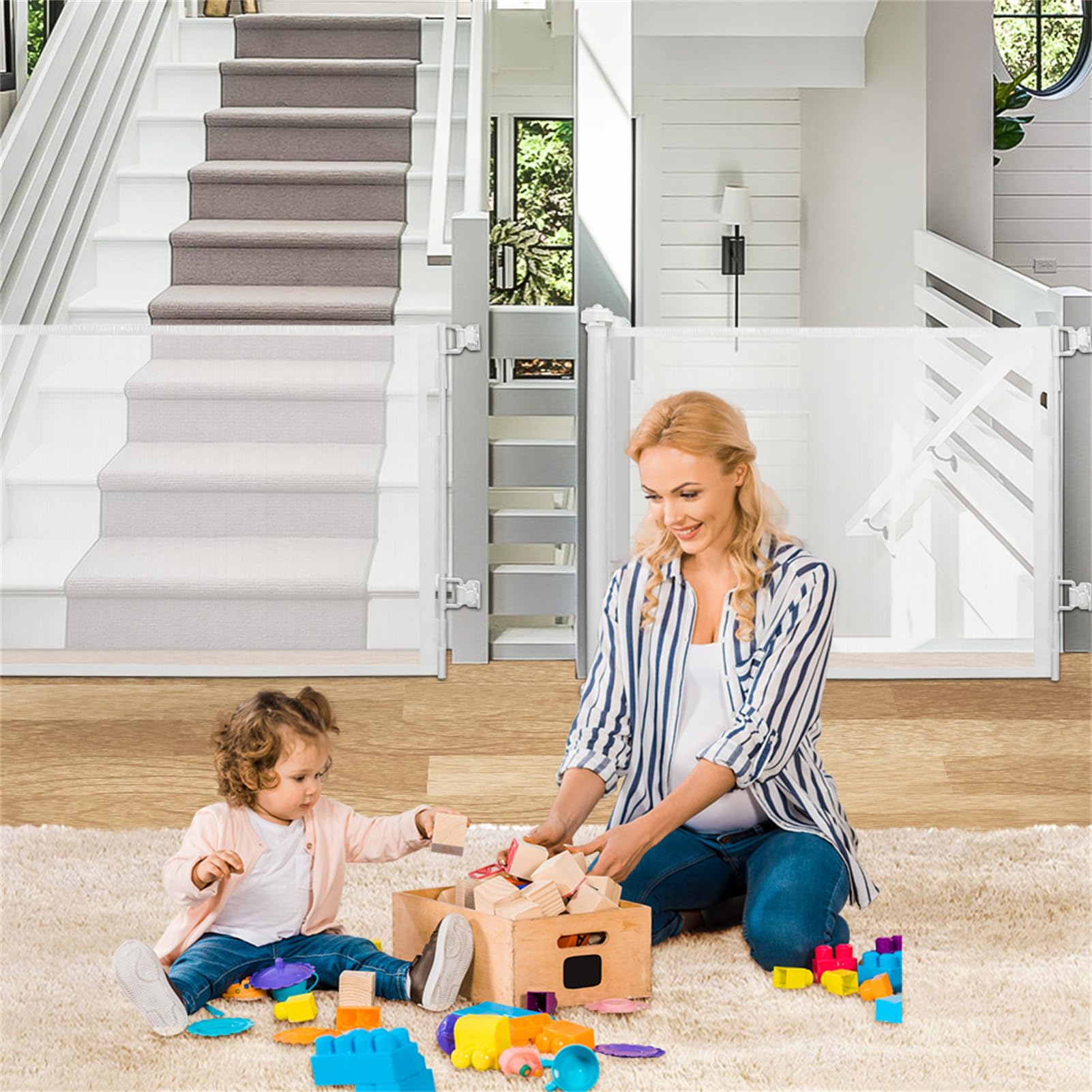 Barrera de seguridad extensible para bebés y perros, 86 cm de altura, 150 cm, color blanco