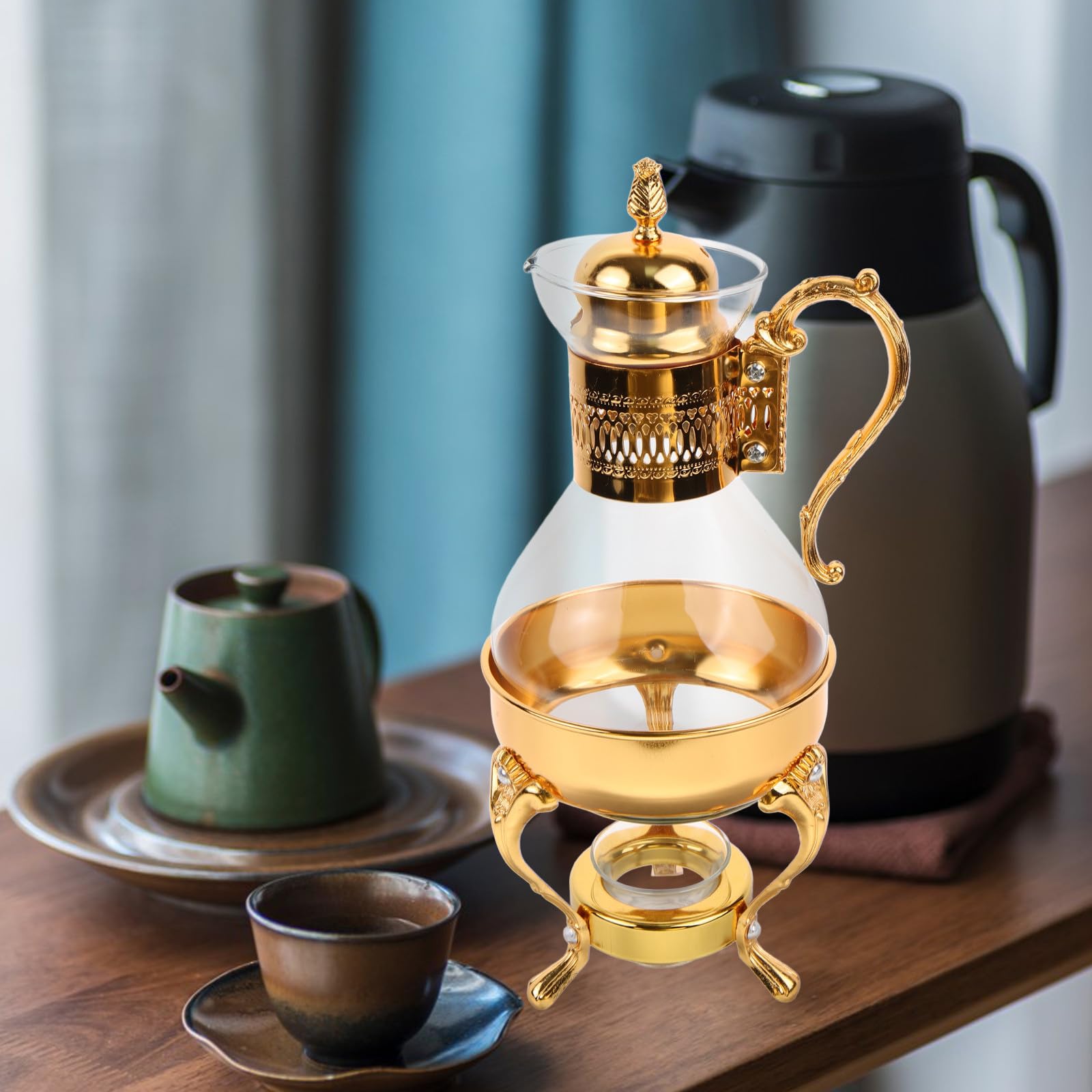CLISPEED Arabische Teekanne aus Glas Kaffee Servierset mit Tassen und Tablett aus Glas und Aluminiumlegierung Goldfarben Beheizbar für Zuhause und Hotel Vintage Stil