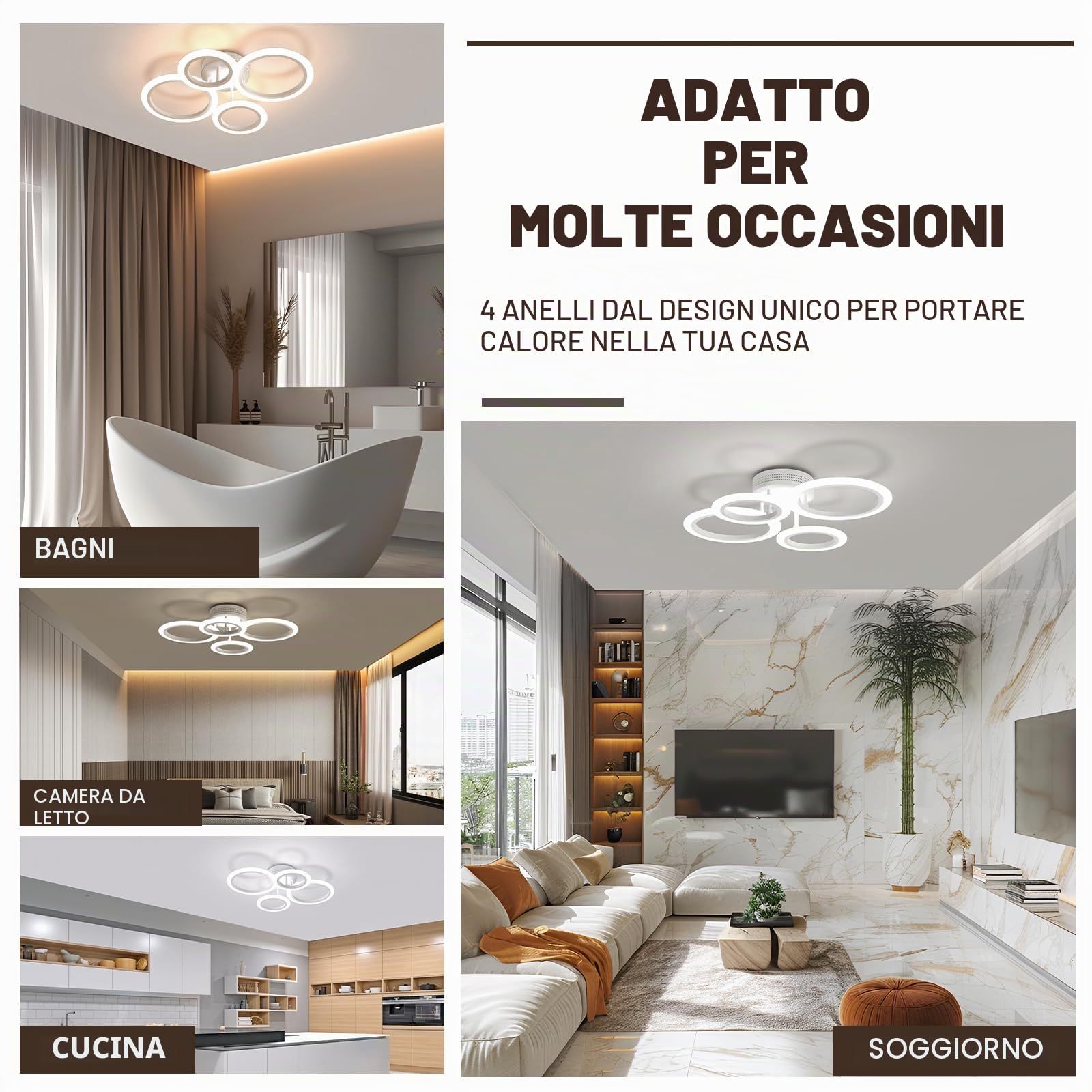 RUYI Plafoniera led soffitto, 48W plafoniere da soffitto dimmerabile 2800-7000K, 4 anello design lampadario camera da letto con telecomando E l'app,adatto per sale,cucine,corridoi e sale da pranzo